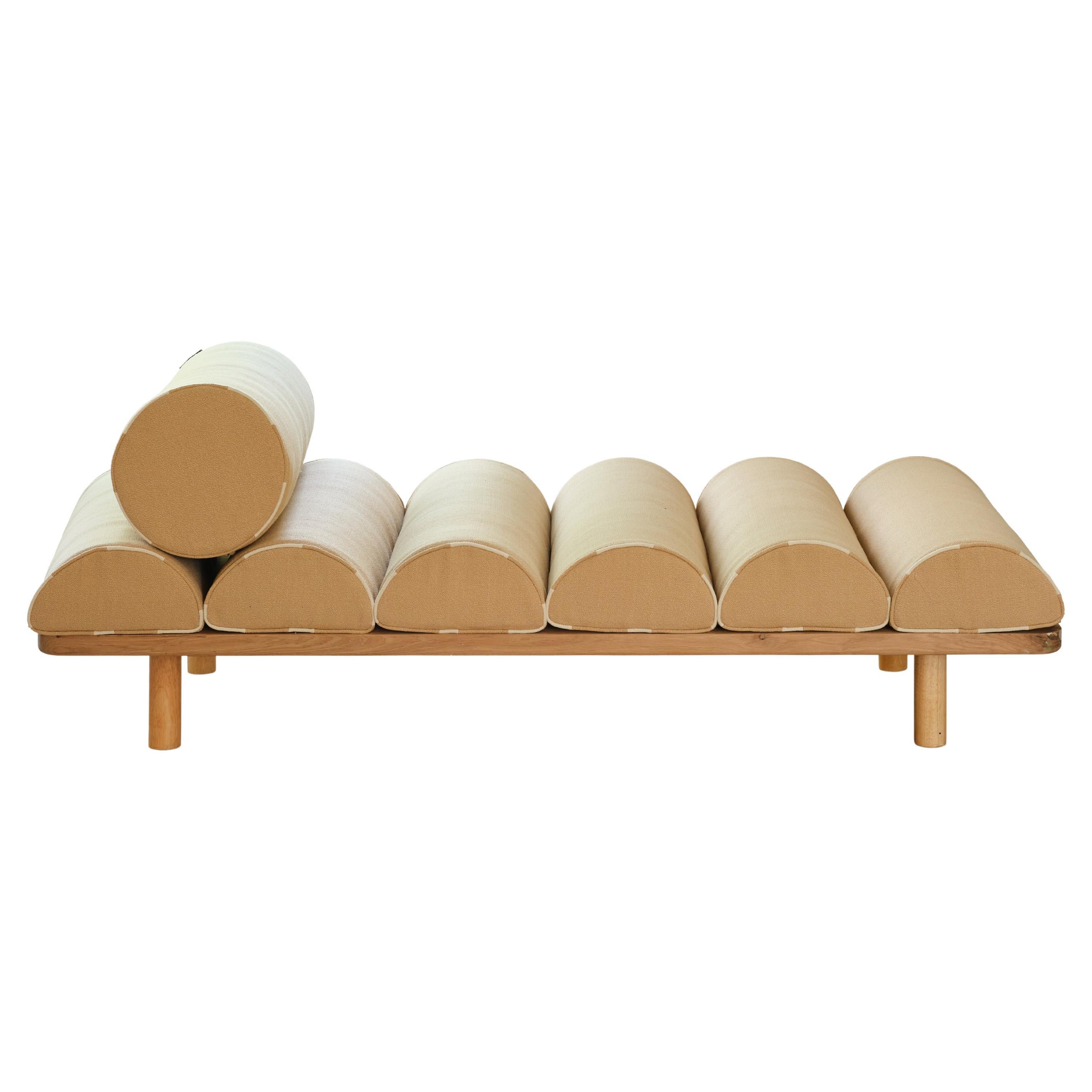 Solid Oak Day Bed, Modern Textile Matress and Bolster Cushions For Sale