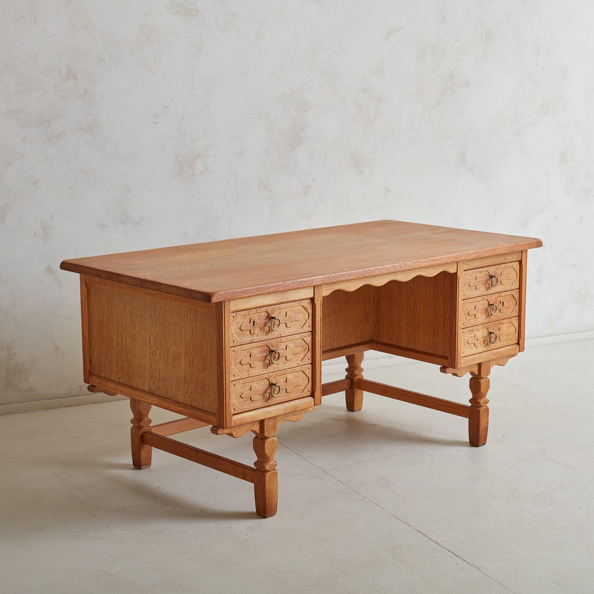 Solid Oak Desk with Keys Attributed to Henning Kjærnulf, Denmark 1960s In Good Condition In Chicago, IL