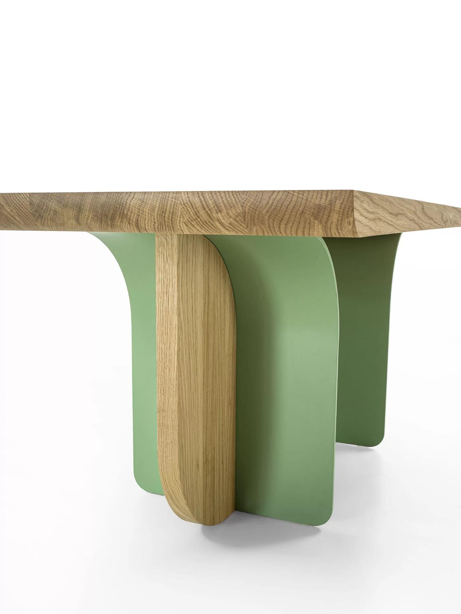 Hand-Crafted Solid Oak Dining Table w/ Custom Lacquered Iron Base by Carlesi Tonelli Studio For Sale