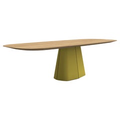 Table de salle à manger en chêne massif avec plateau de forme ovale/base en laque jaune