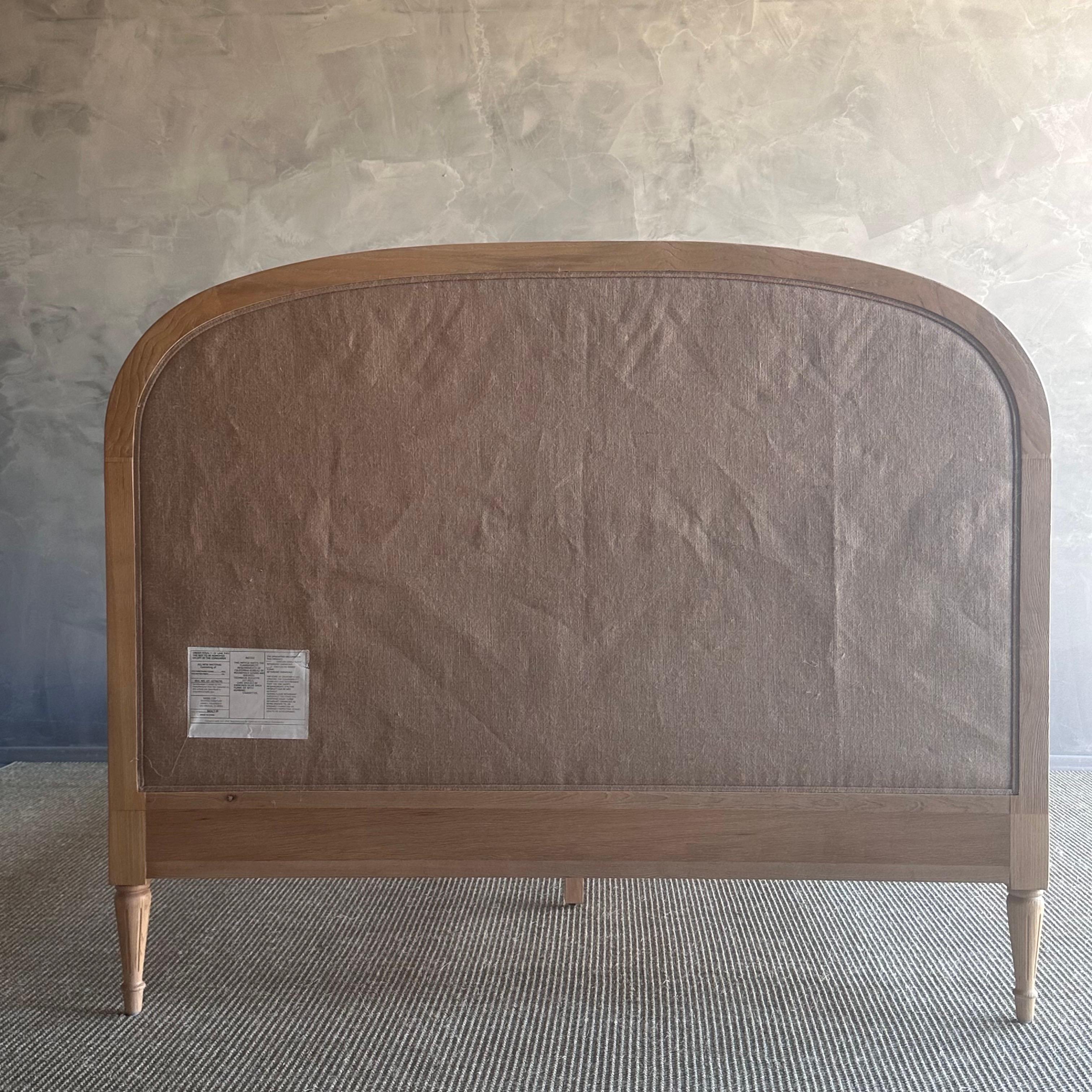 Solid Oak French Carved Queen Size Bed Upholstered in Natural Linen 11