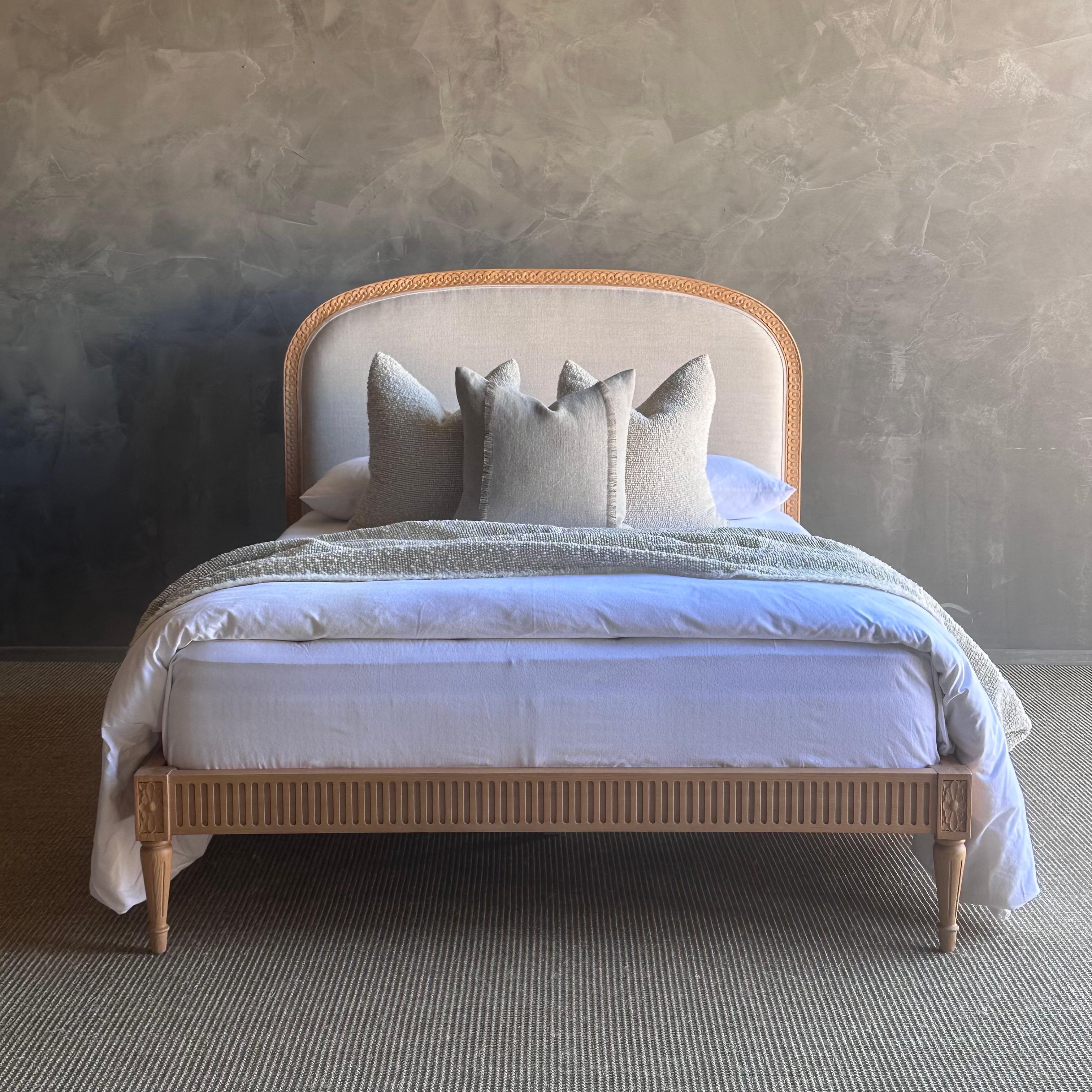 Meet our stunning Queen French Oak Bed, a beautifully replicated Louis XVI bed made from white oak with meticulous attention to detail. Each intricate carving is embellished with lovely flurettes fluting, bringing an elegant touch to any bedroom.
