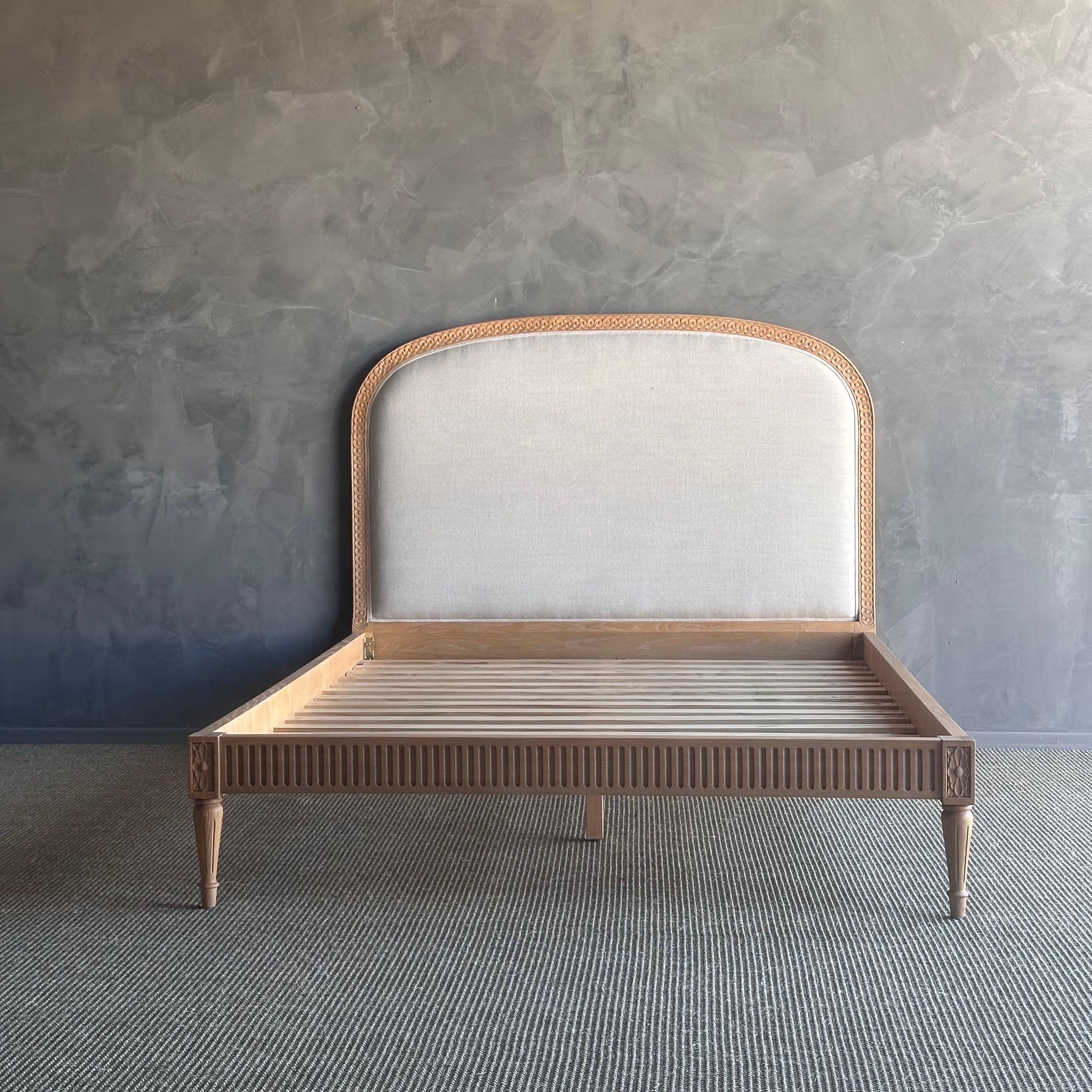 Louis XVI Solid Oak French Carved Queen Size Bed Upholstered in Natural Linen