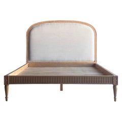Solid Oak French Carved Queen Size Bed Upholstered in Natural Linen