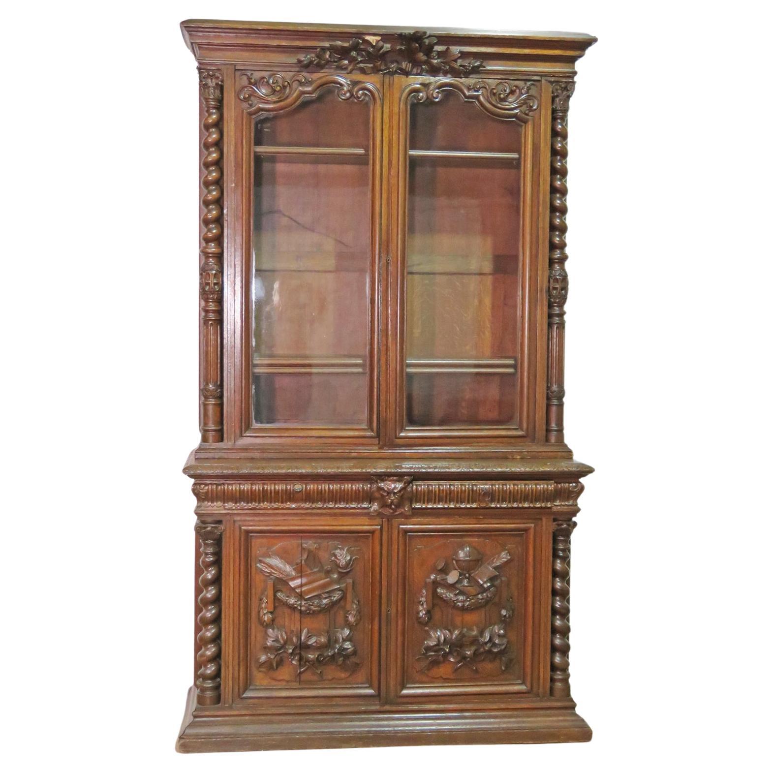 Solid Oak French Carved Two Piece China Cabinet Bookcase circa 1870s
