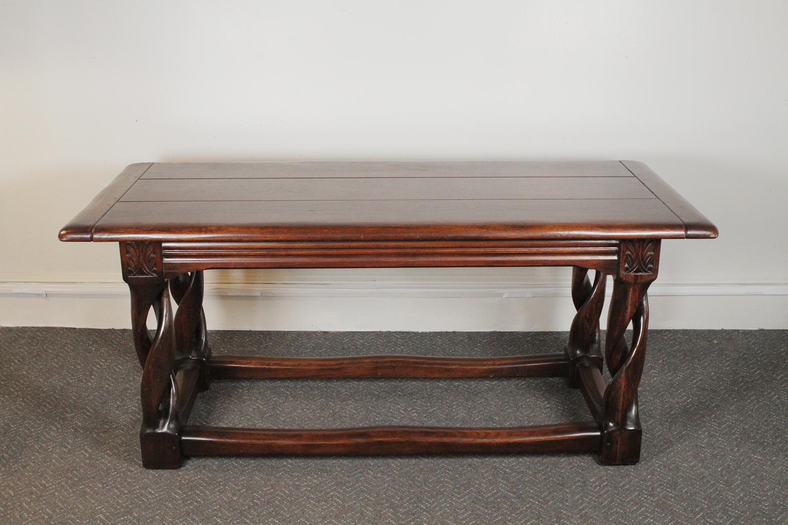Solid oak Gothic library / centre table hand carved and pegged, circa 1900-1910.
Dimensions: 66” W x 29.5