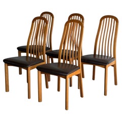 Solid Oak High-Back Dining Chairs Set of 5 with Brown Upholstery Vintage 1980s