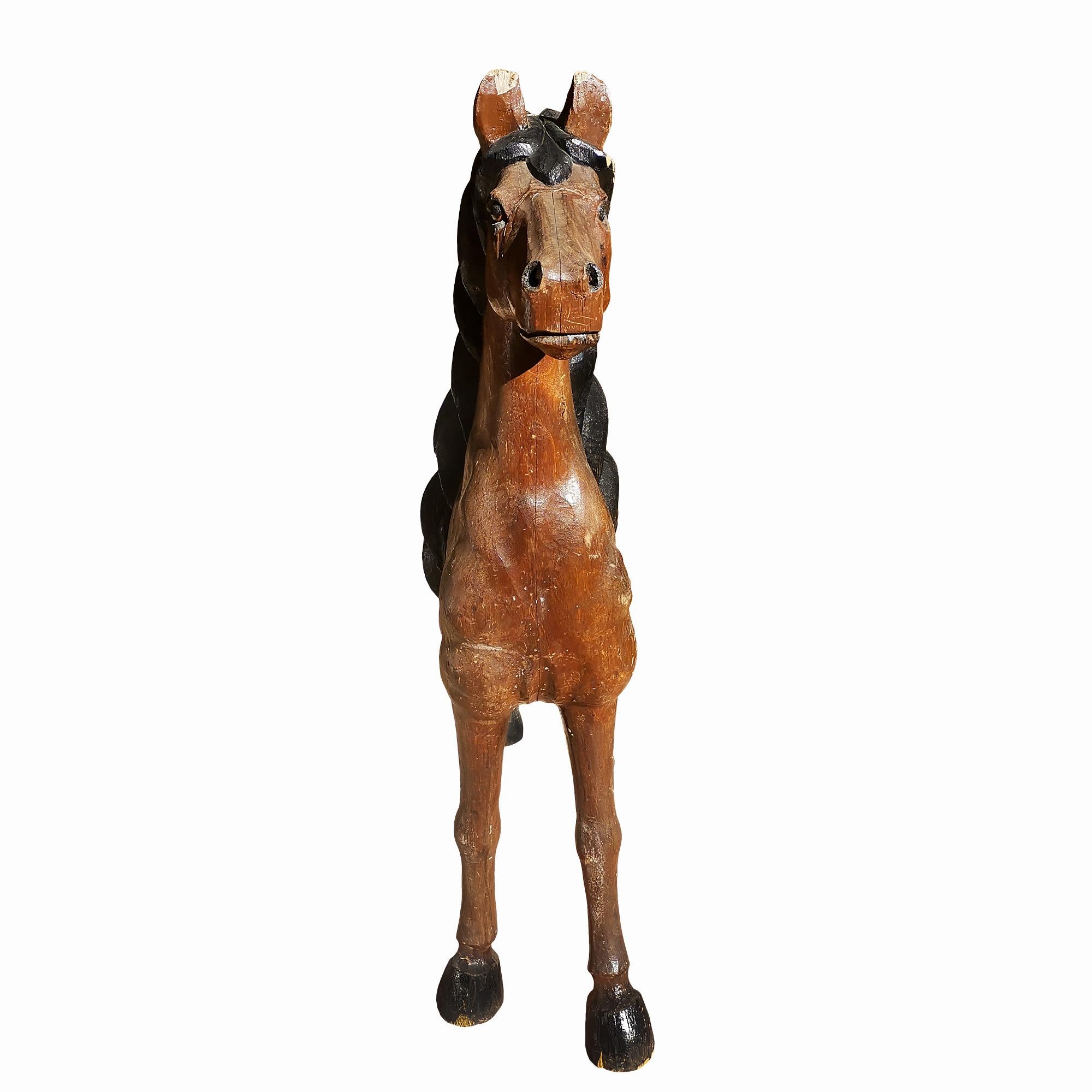 Spanish Art Deco Solid Oak Horse In Brown and Black Colour - Spain 1920 For Sale