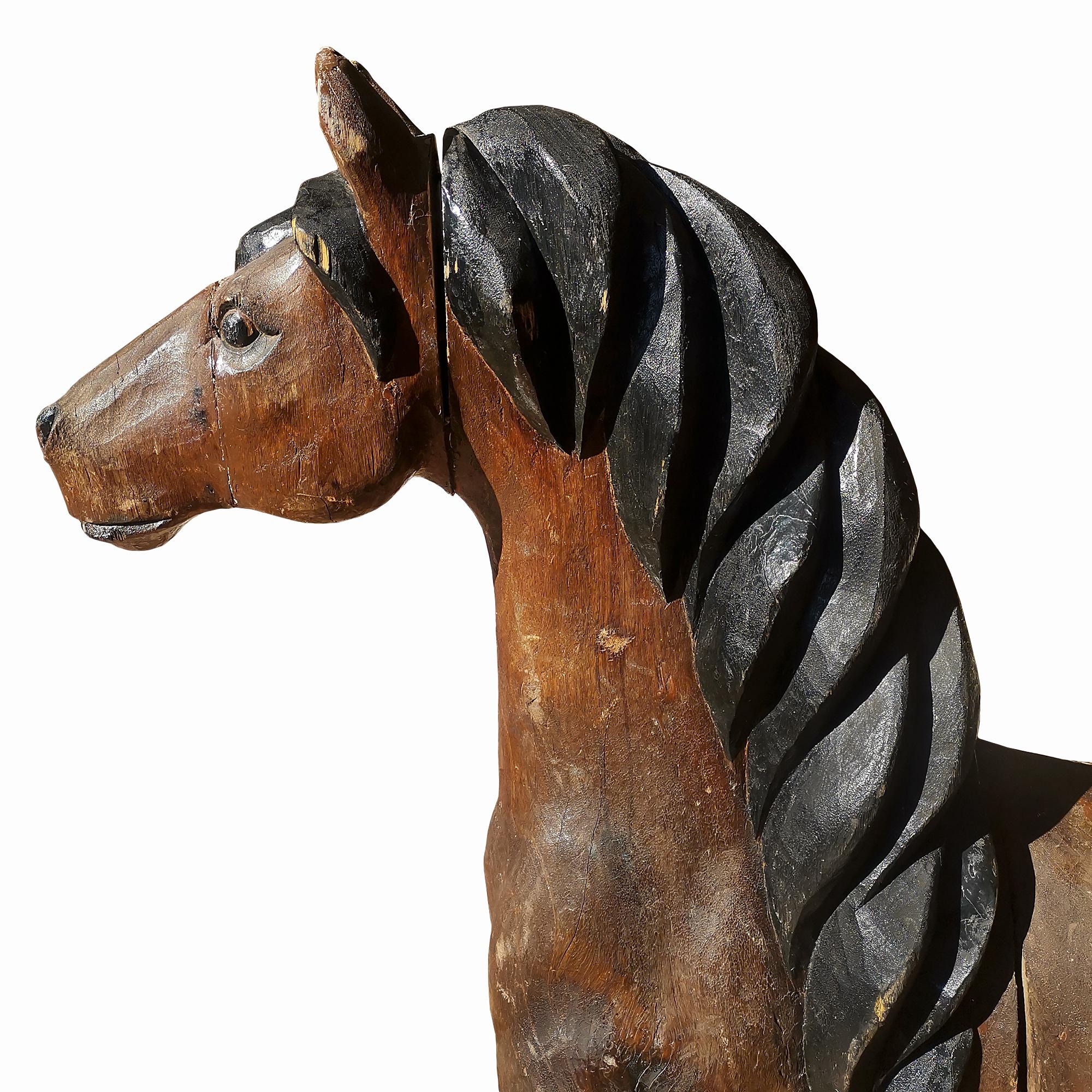 Patinated Art Deco Solid Oak Horse In Brown and Black Colour - Spain 1920 For Sale