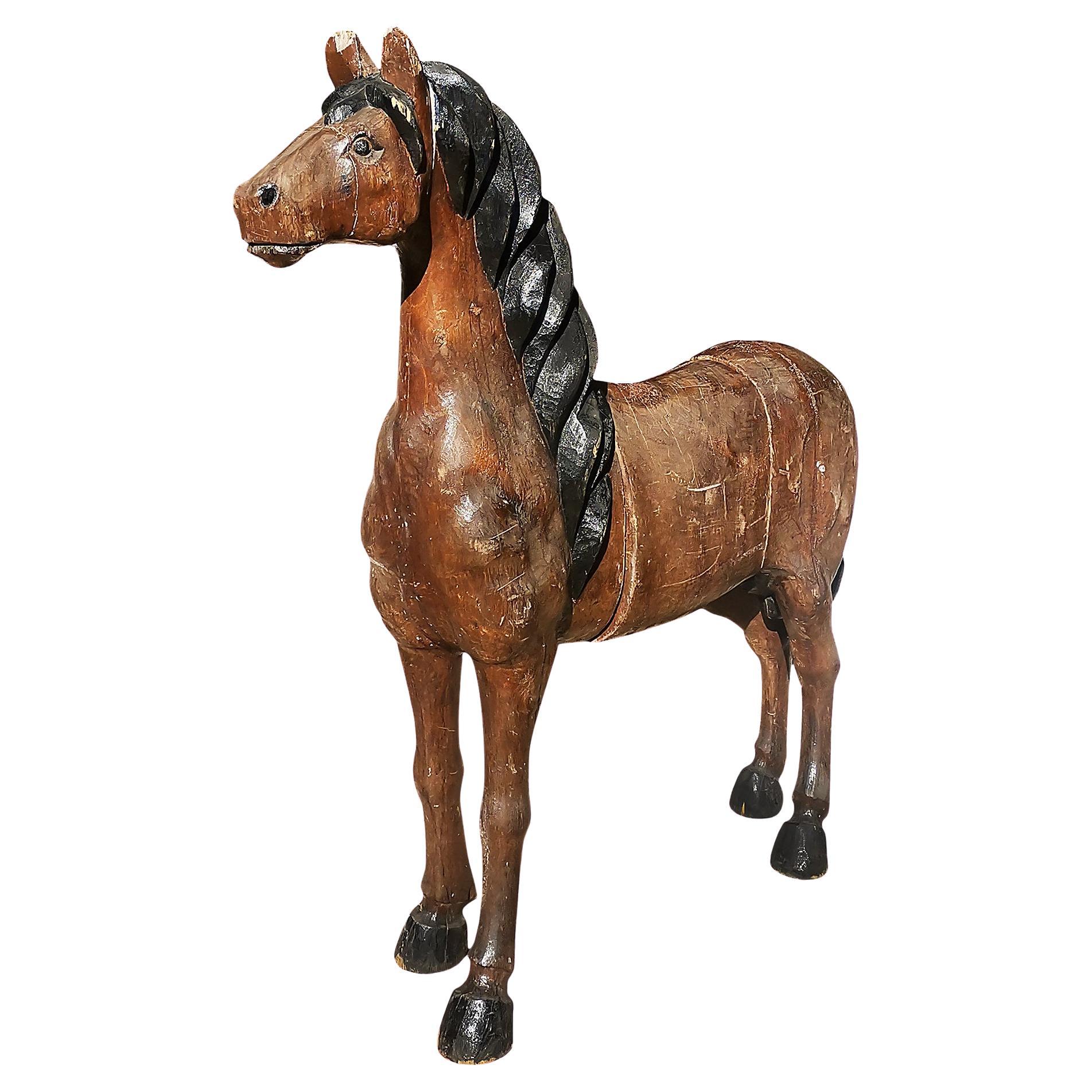 Art Deco Solid Oak Horse In Brown and Black Colour - Spain 1920 For Sale