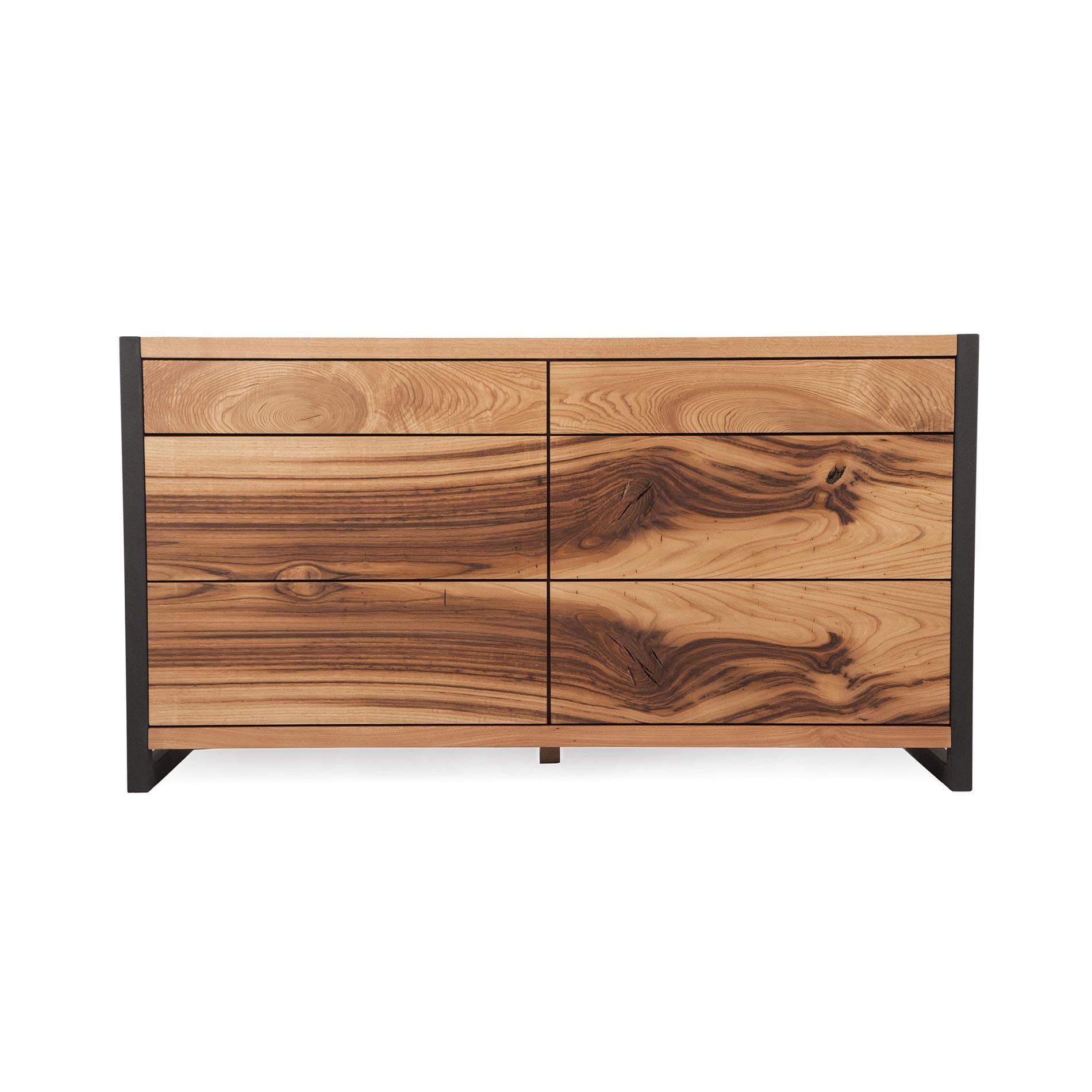 The NEO Series Solid Oak Industrial Dresser is designed to bring a modern touch to your space. Handcrafted from solid oak wood, this natural wood drawer cabinet offers both decorative appeal and functional storage. The organic grain patterns and