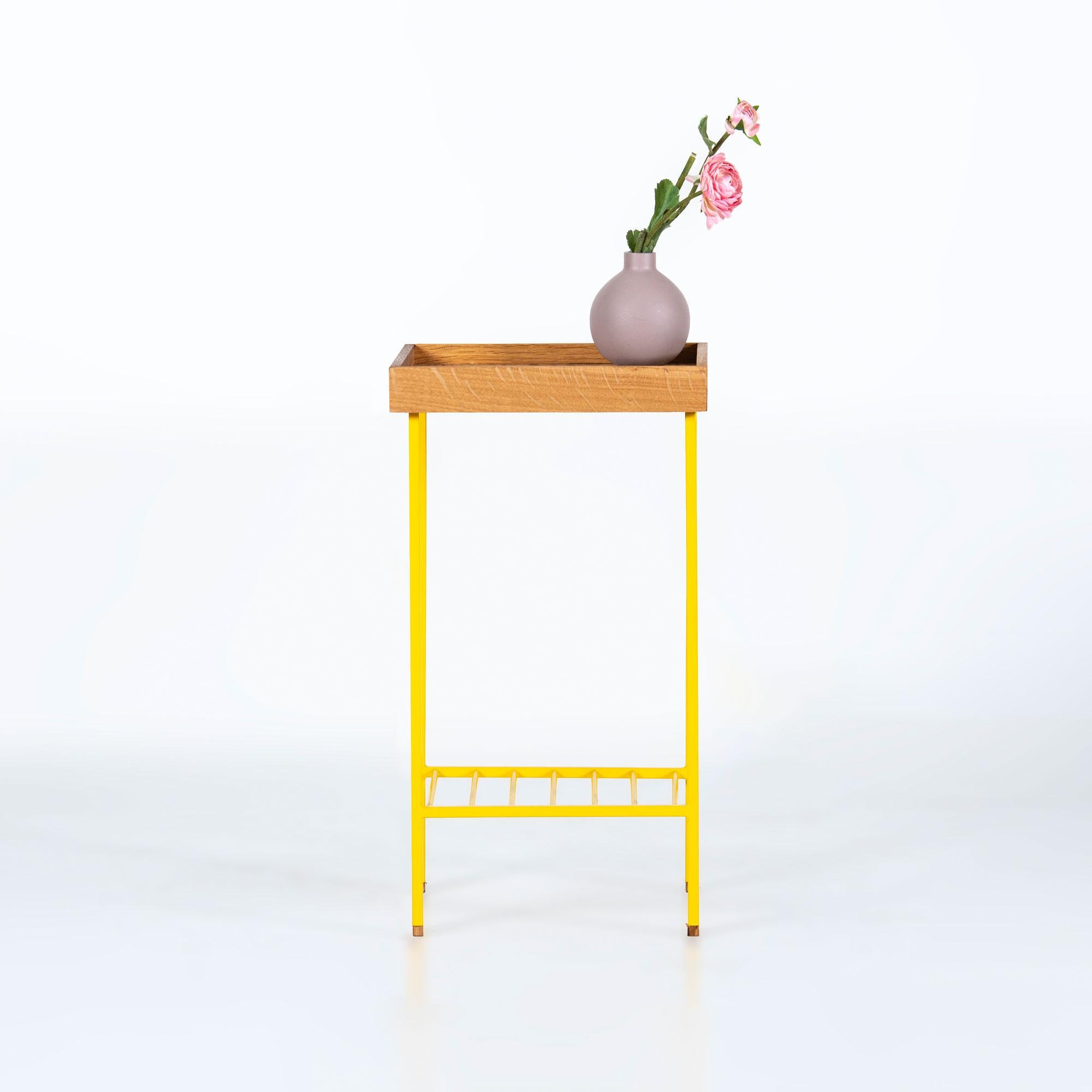 Mesa auxiliar / Jardinera mediana de roble macizo - Serie EDGE, con patas de metal de colores Siglo XXI y contemporáneo en venta