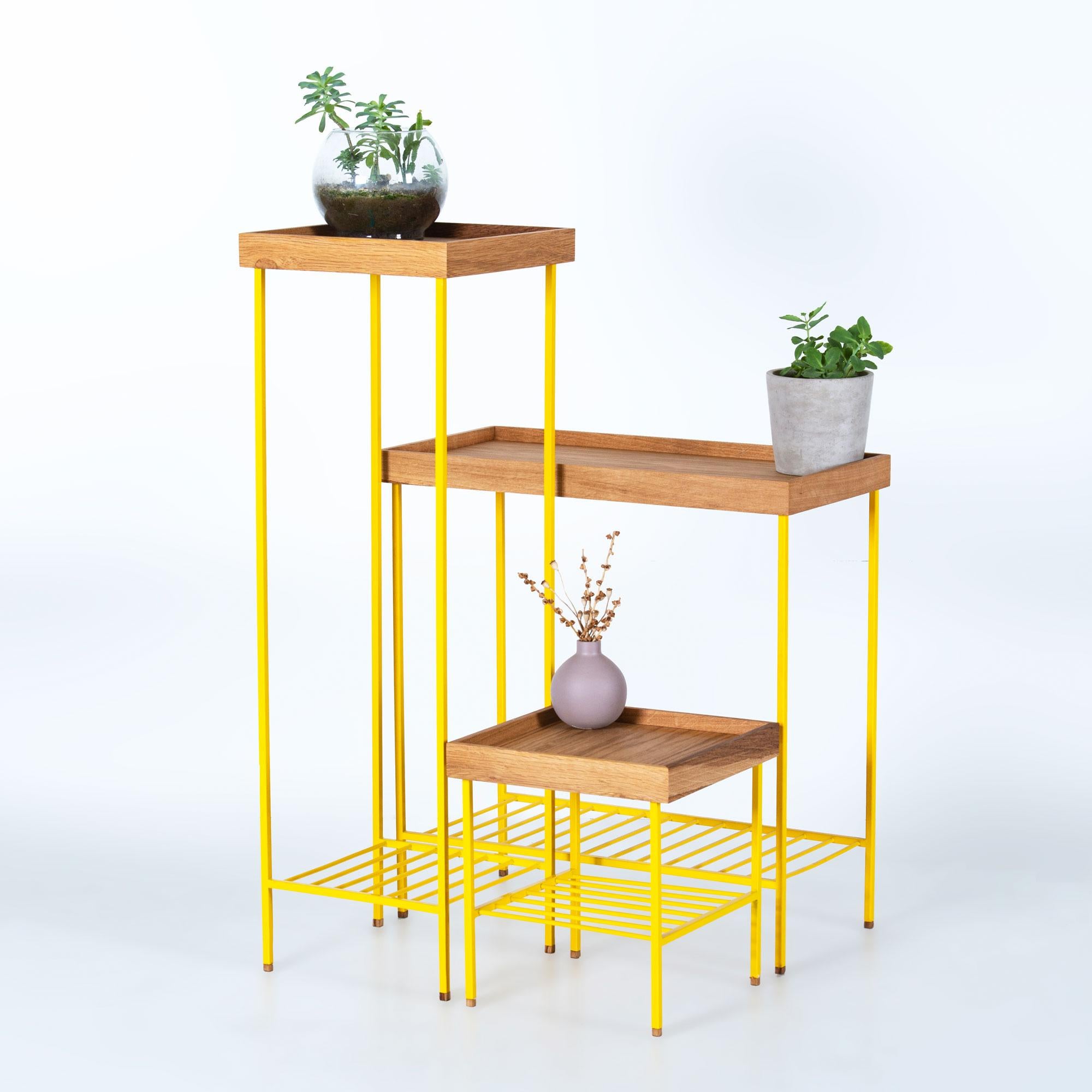 Mesa auxiliar / Jardinera mediana de roble macizo - Serie EDGE, con patas de metal de colores en venta 1
