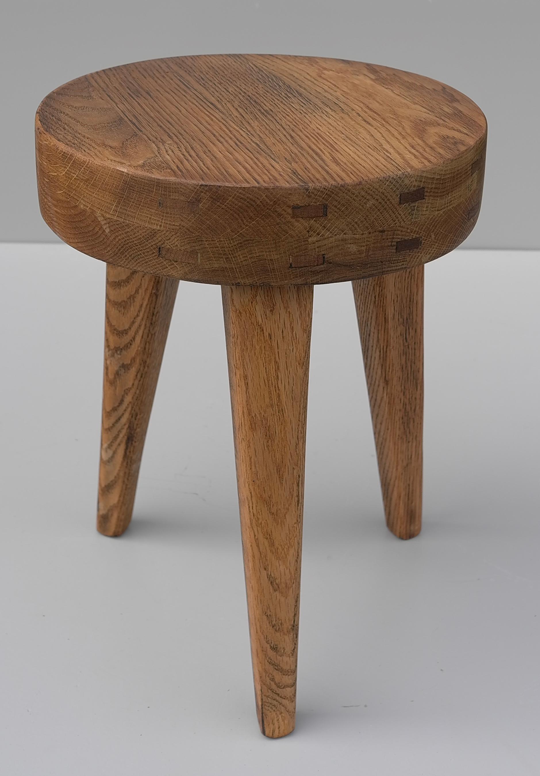 French Solid Oak Mid-Century Modern Craftsman Stool, France 1960's For Sale