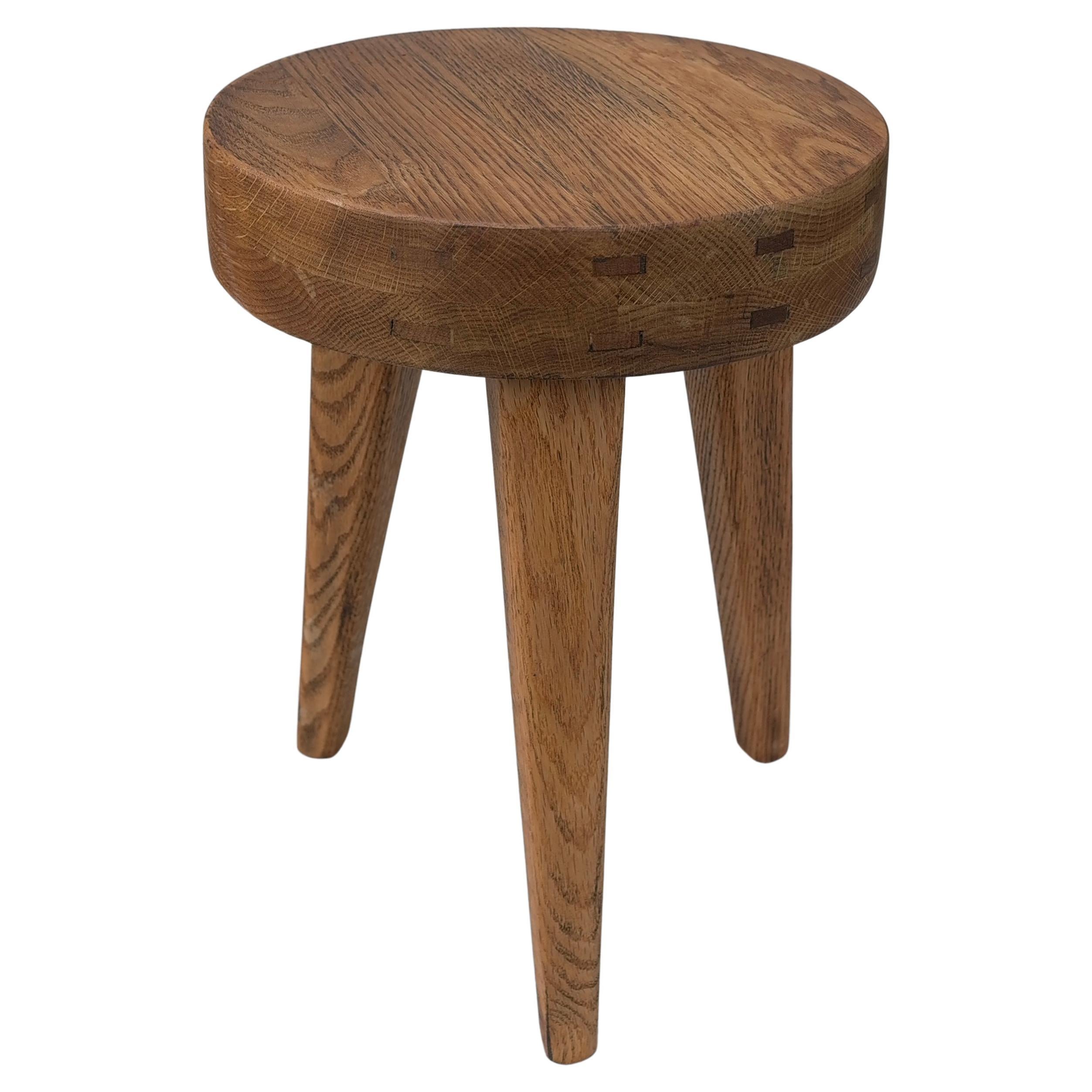 Solid Oak Mid-Century Modern Craftsman Stool, France 1960's For Sale