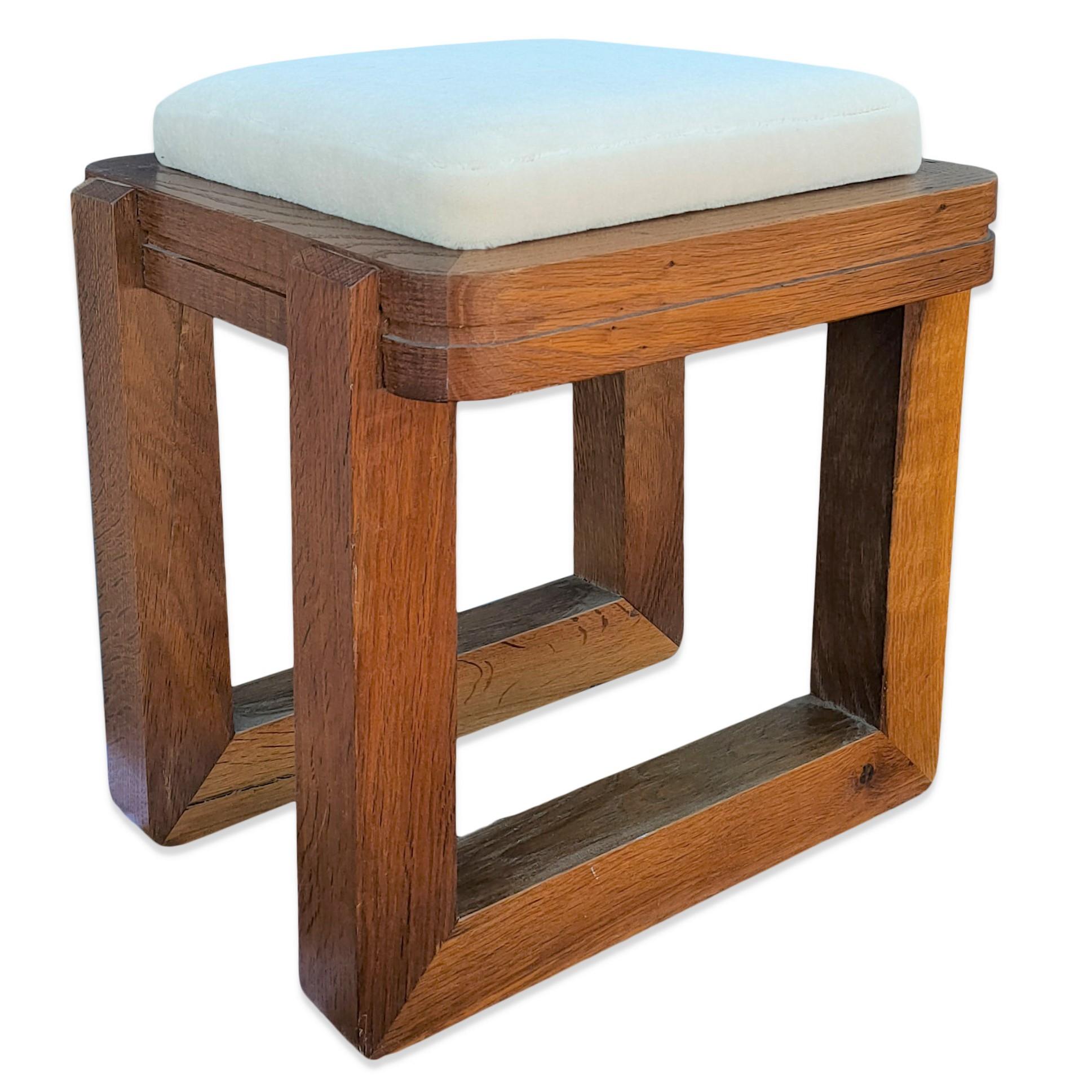 Late 20th Century Solid Oak Modernist Stool with White Mohair Cushion, France, 1970's