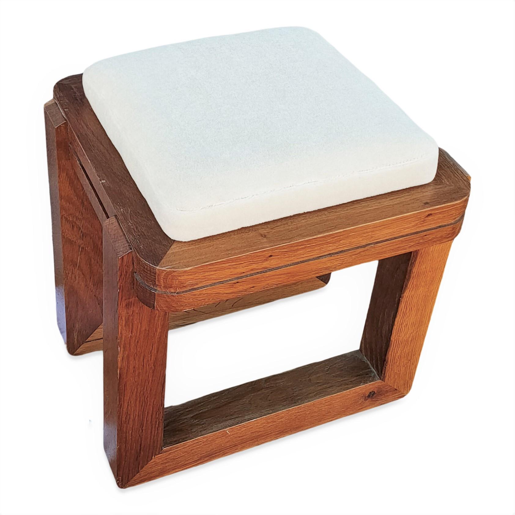 Solid Oak Modernist Stool with White Mohair Cushion, France, 1970's 1