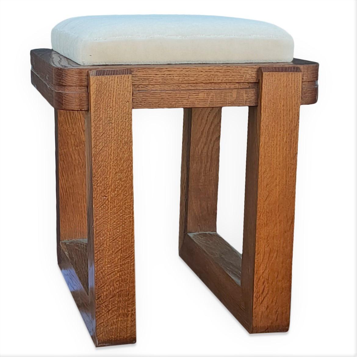 Solid Oak Modernist Stool with White Mohair Cushion, France, 1970's 2