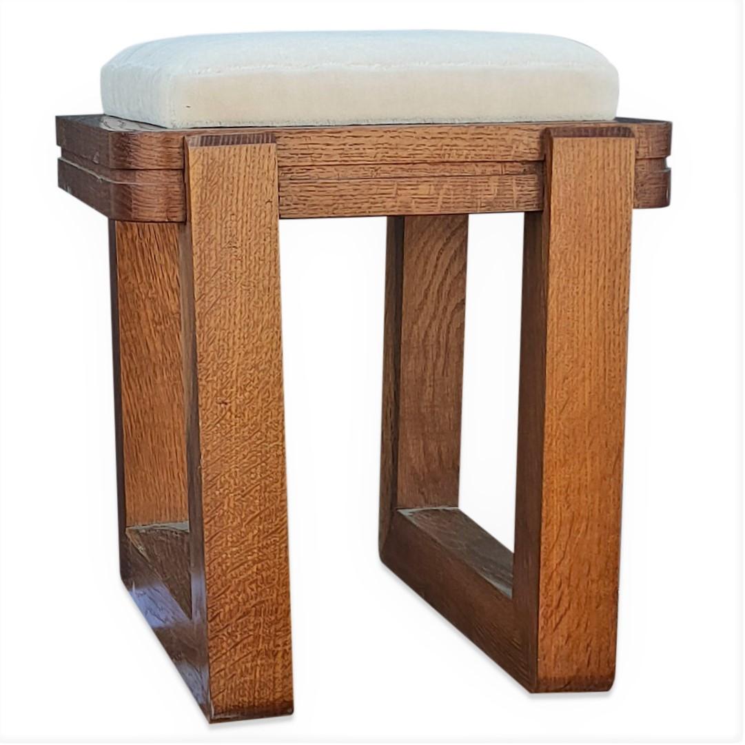 Solid Oak Modernist Stool with White Mohair Cushion, France, 1970's 3