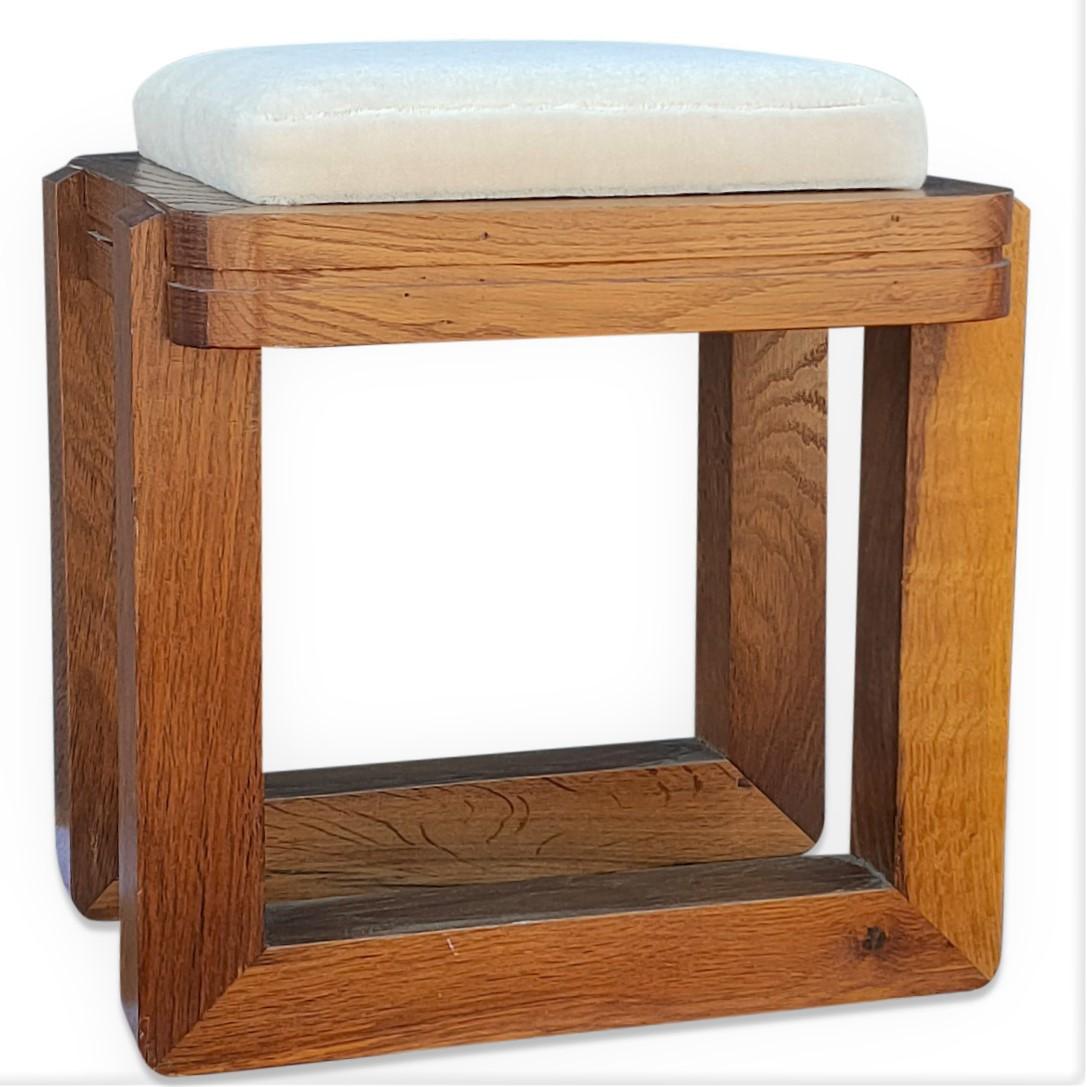 Solid Oak Modernist Stool with White Mohair Cushion, France, 1970's 4