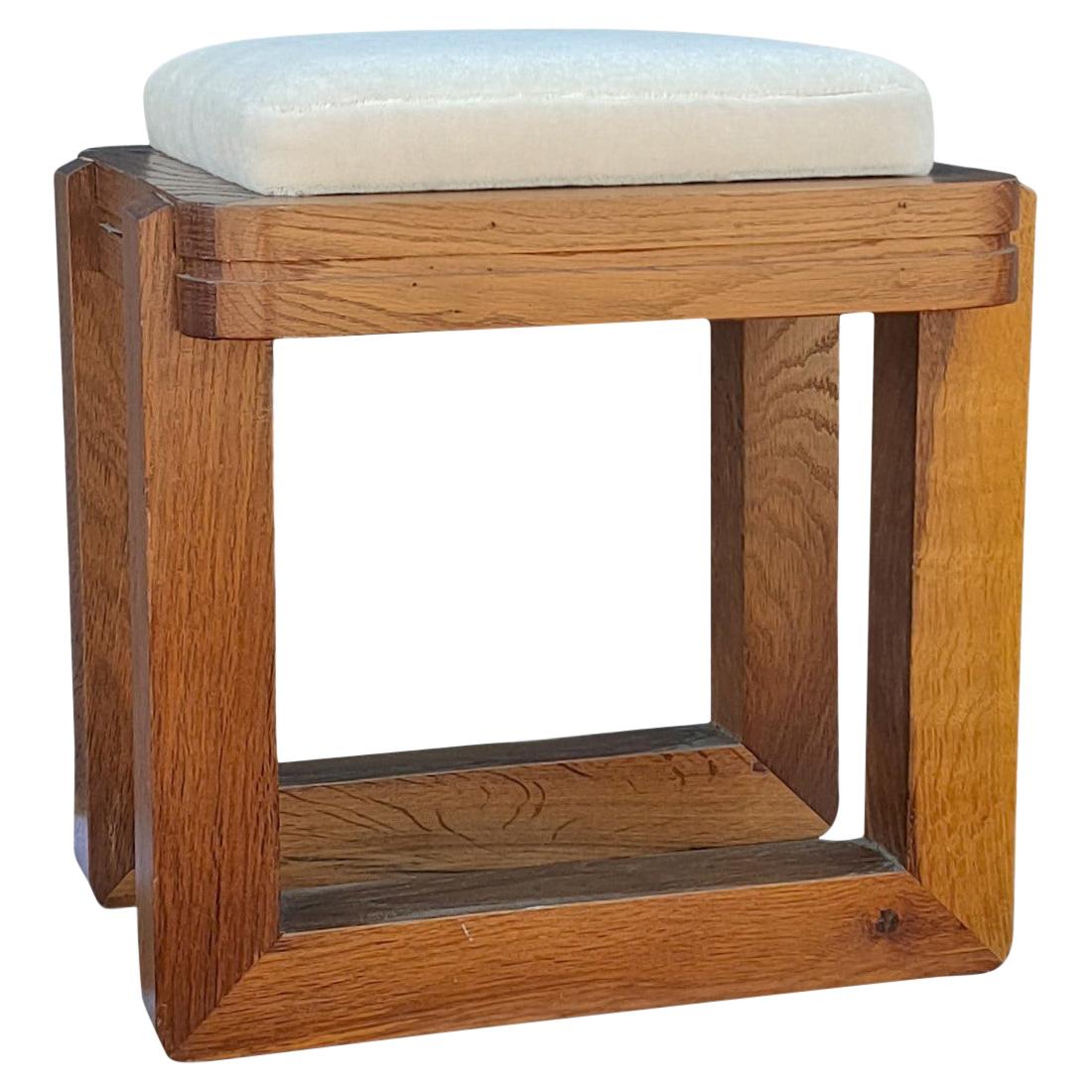 Solid Oak Modernist Stool with White Mohair Cushion, France, 1970's
