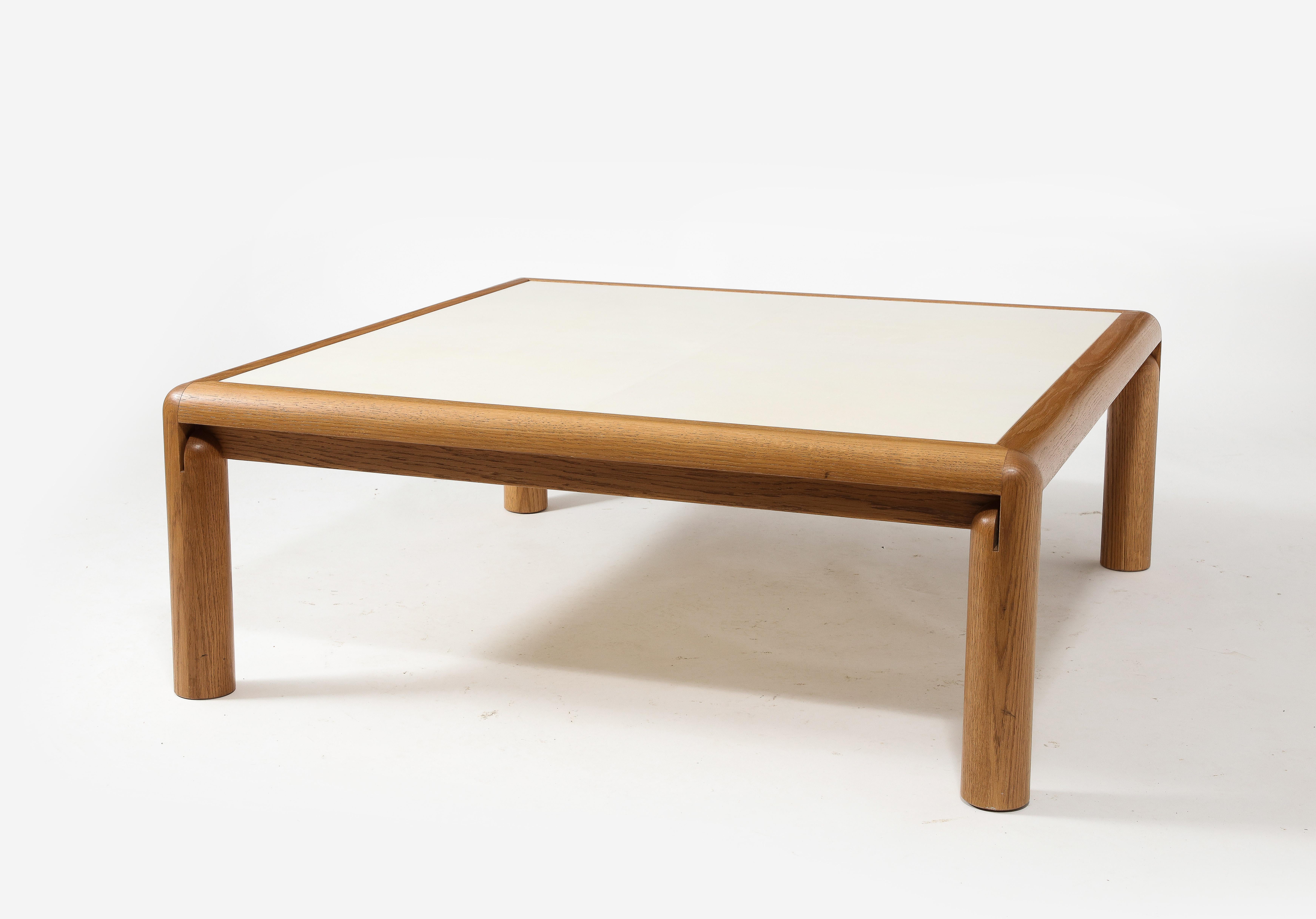 Solid Oak & Parchment Square Coffee Table in Early Modern & Mid-Century Style In Good Condition For Sale In New York, NY