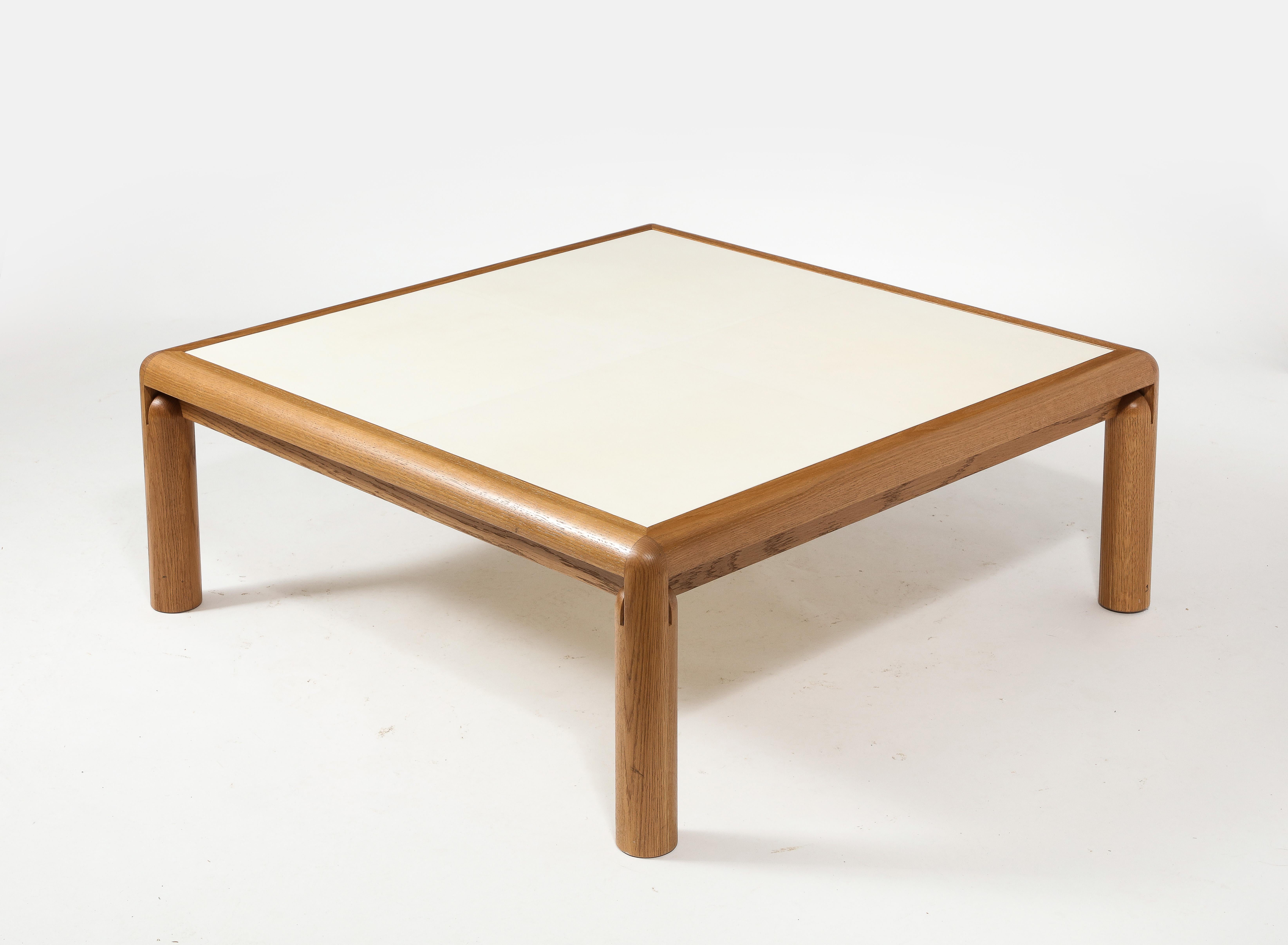 Solid Oak & Parchment Square Coffee Table in Early Modern & Mid-Century Style For Sale 1