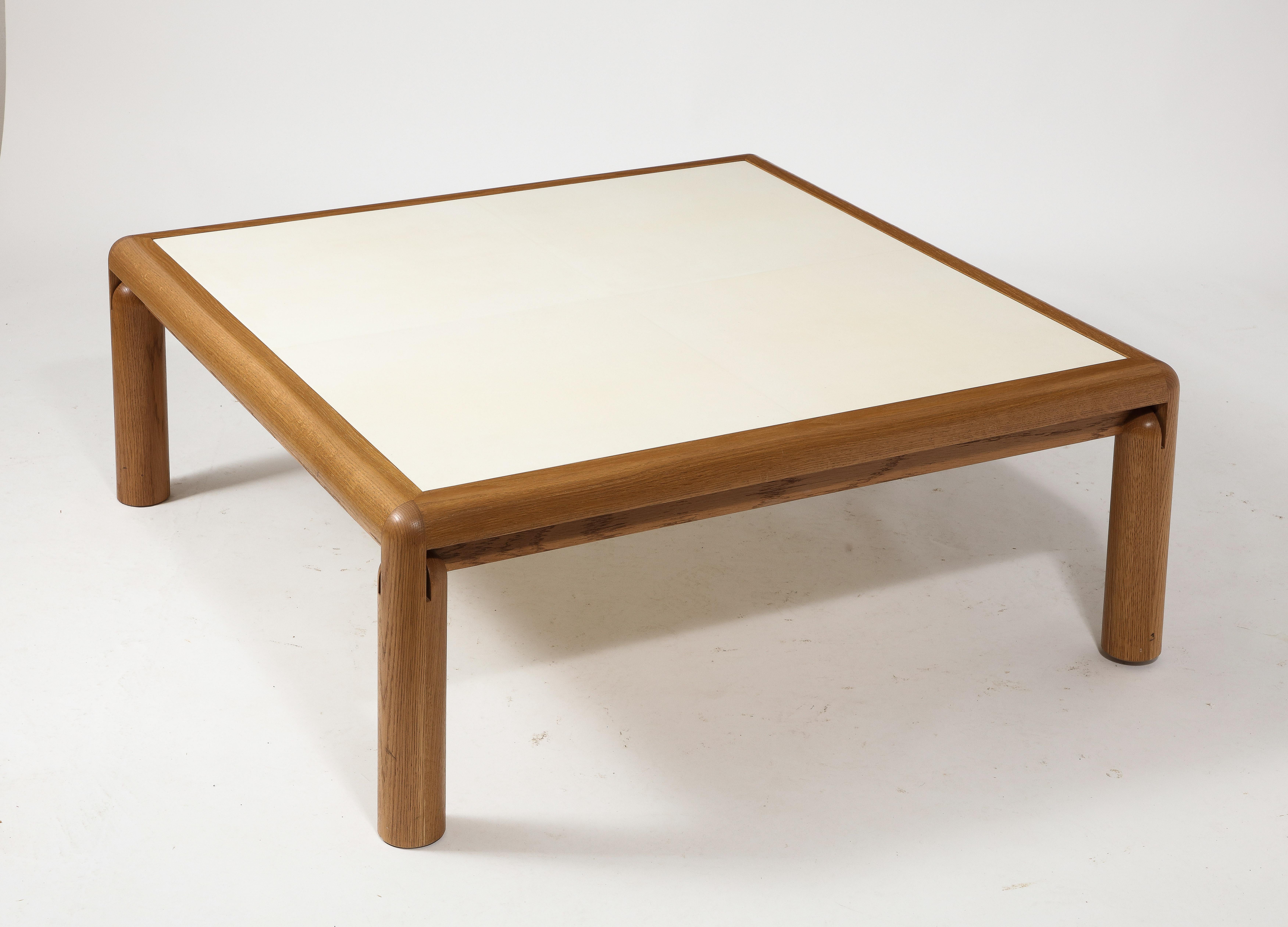Solid Oak & Parchment Square Coffee Table in Early Modern & Mid-Century Style For Sale 3