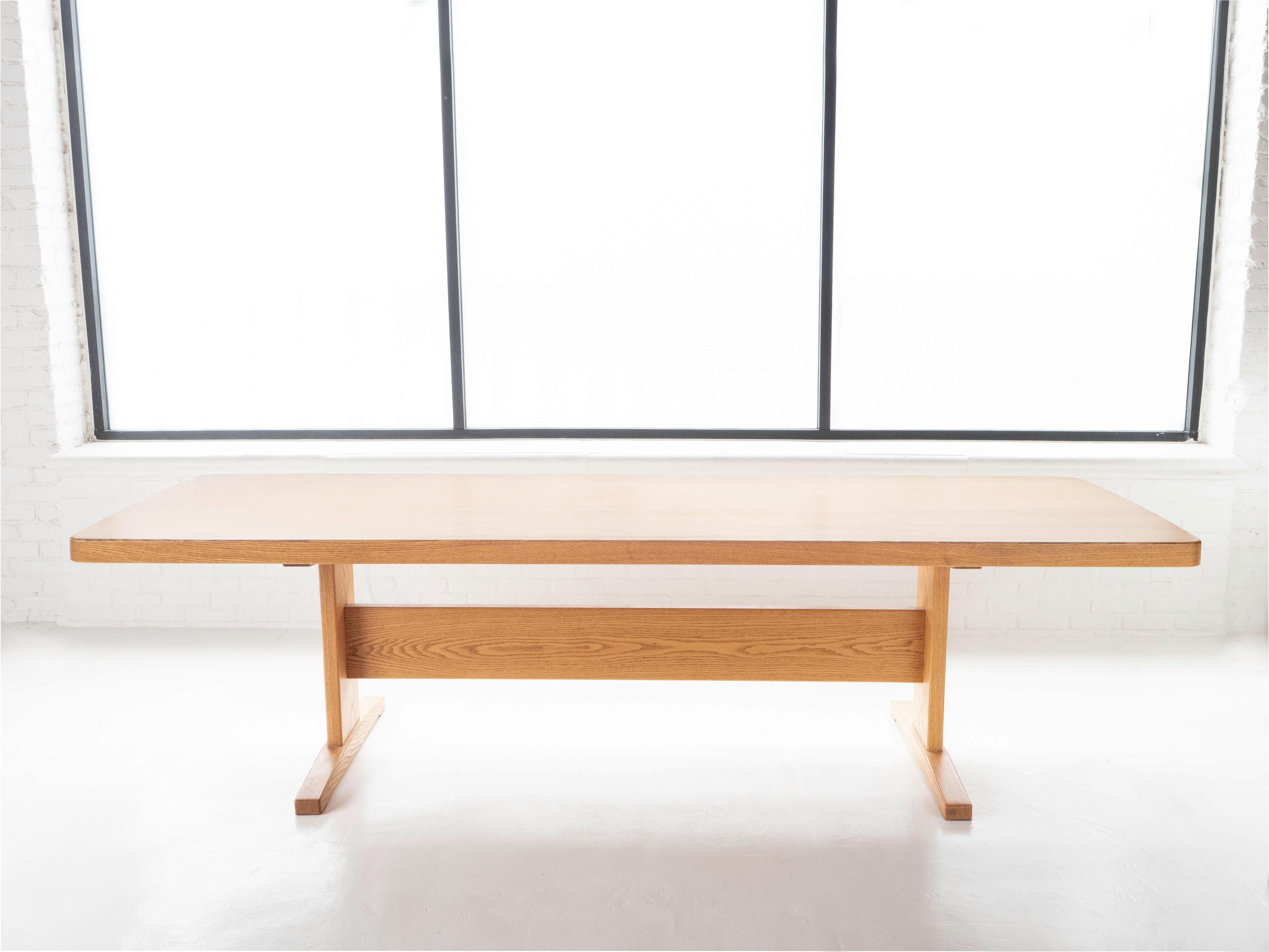 American Solid Oak Postmodern Trestle Dining / Conference Extra Large Table, Circa 1980's For Sale