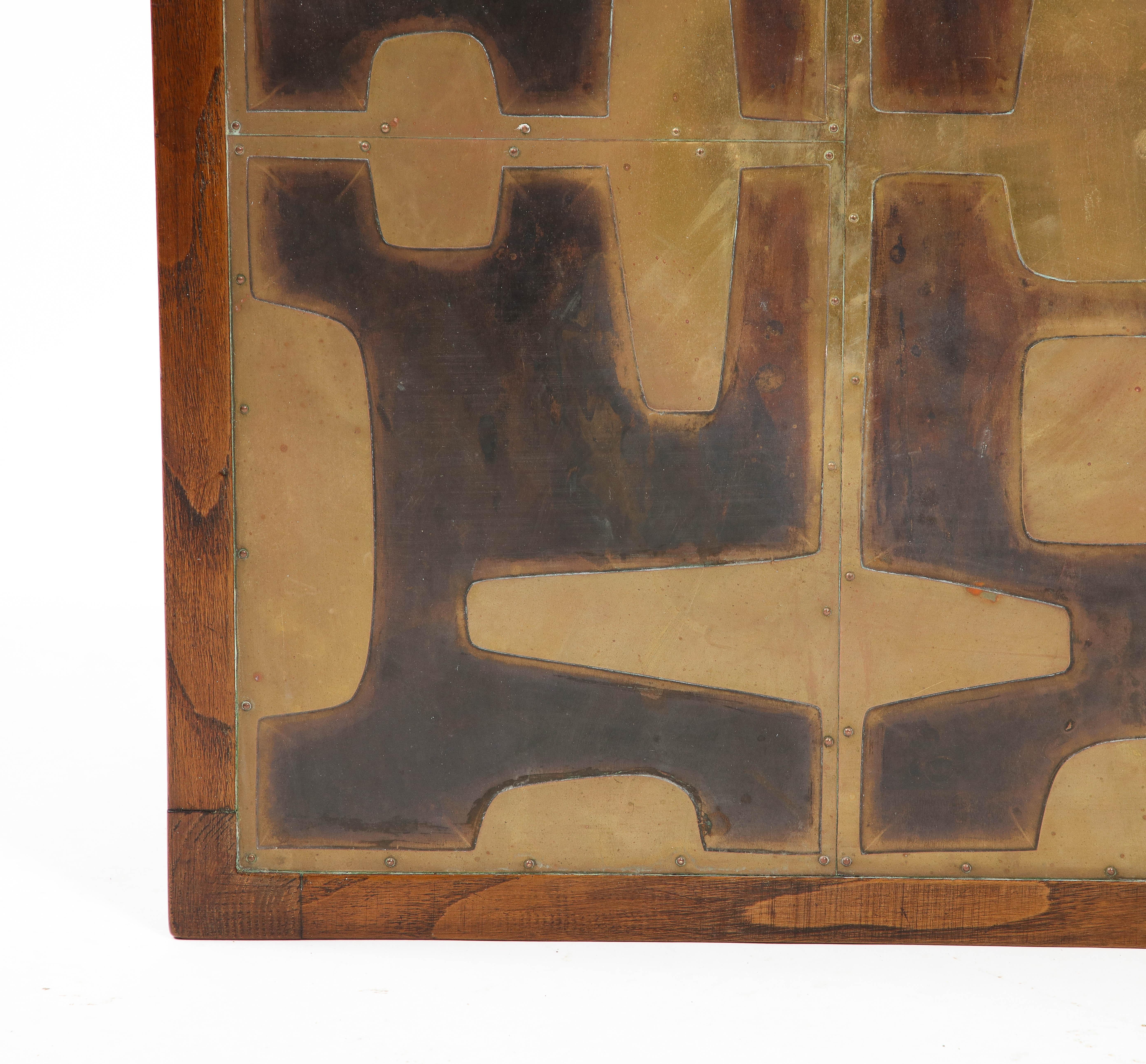 Solid Oak & Riveted Brutalist Etched Brass Panels Side Table - France 1970's 5