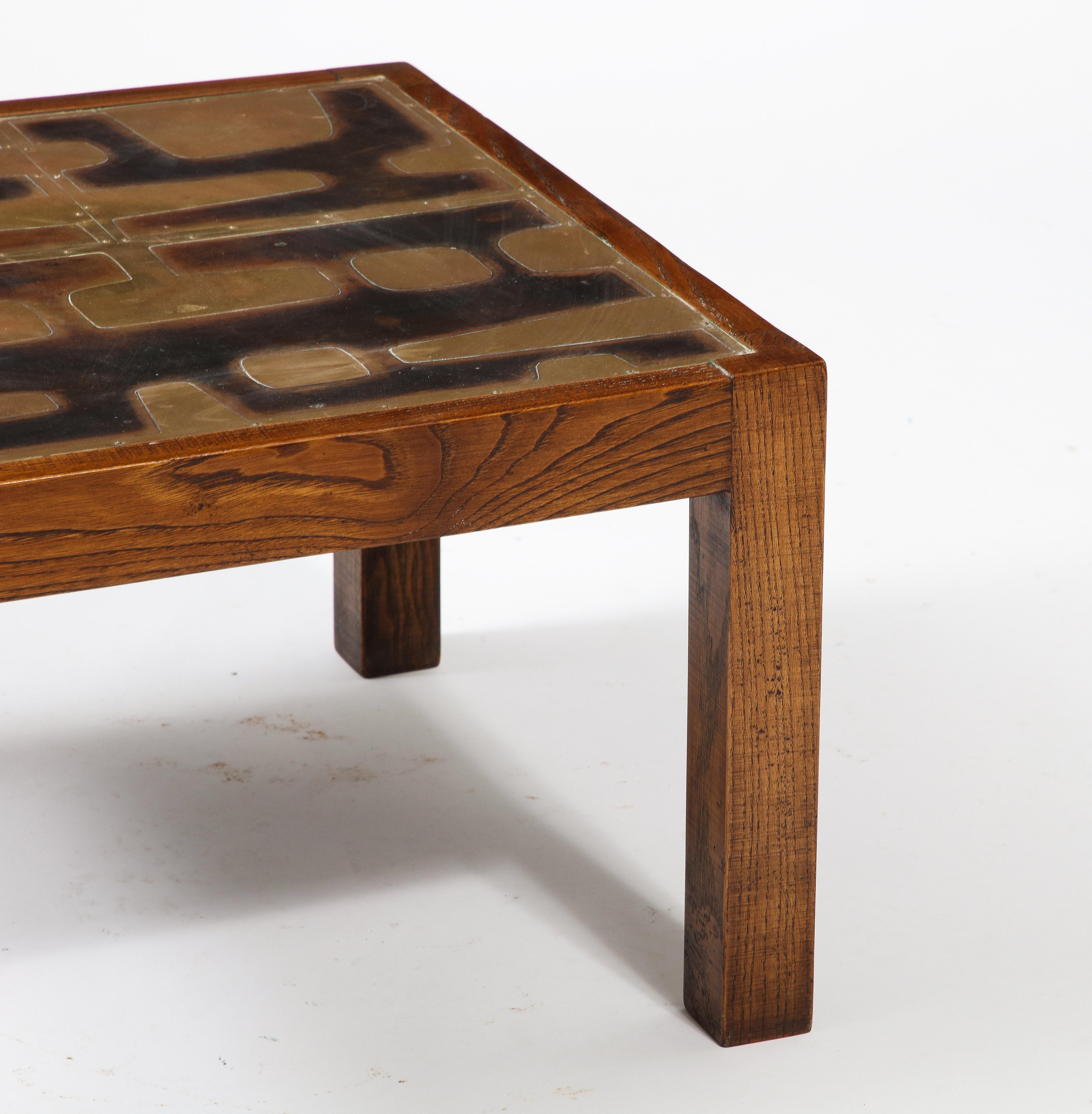 Solid Oak & Riveted Brutalist Etched Brass Panels Side Table - France 1970's In Fair Condition In New York, NY