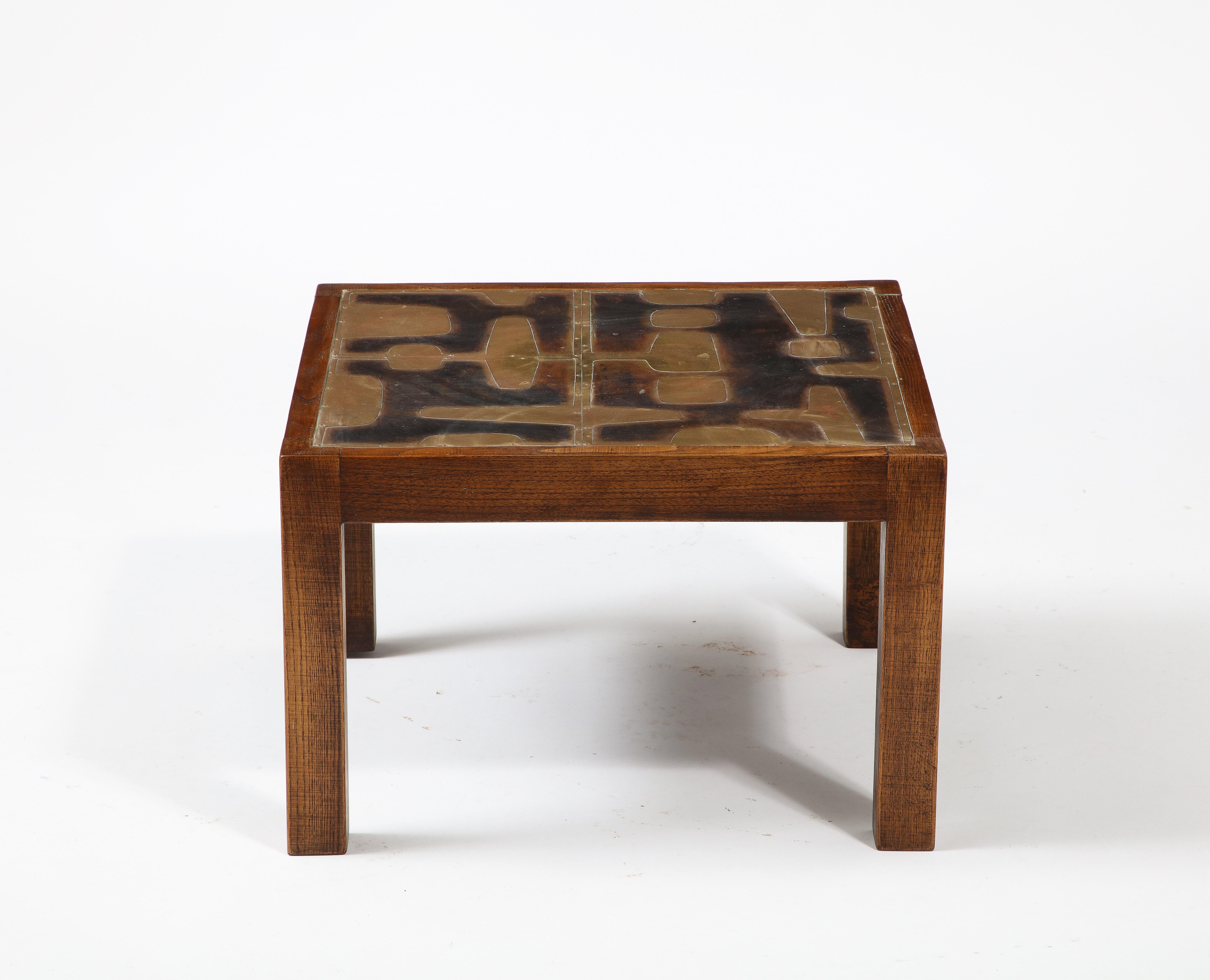 Late 20th Century Solid Oak & Riveted Brutalist Etched Brass Panels Side Table - France 1970's