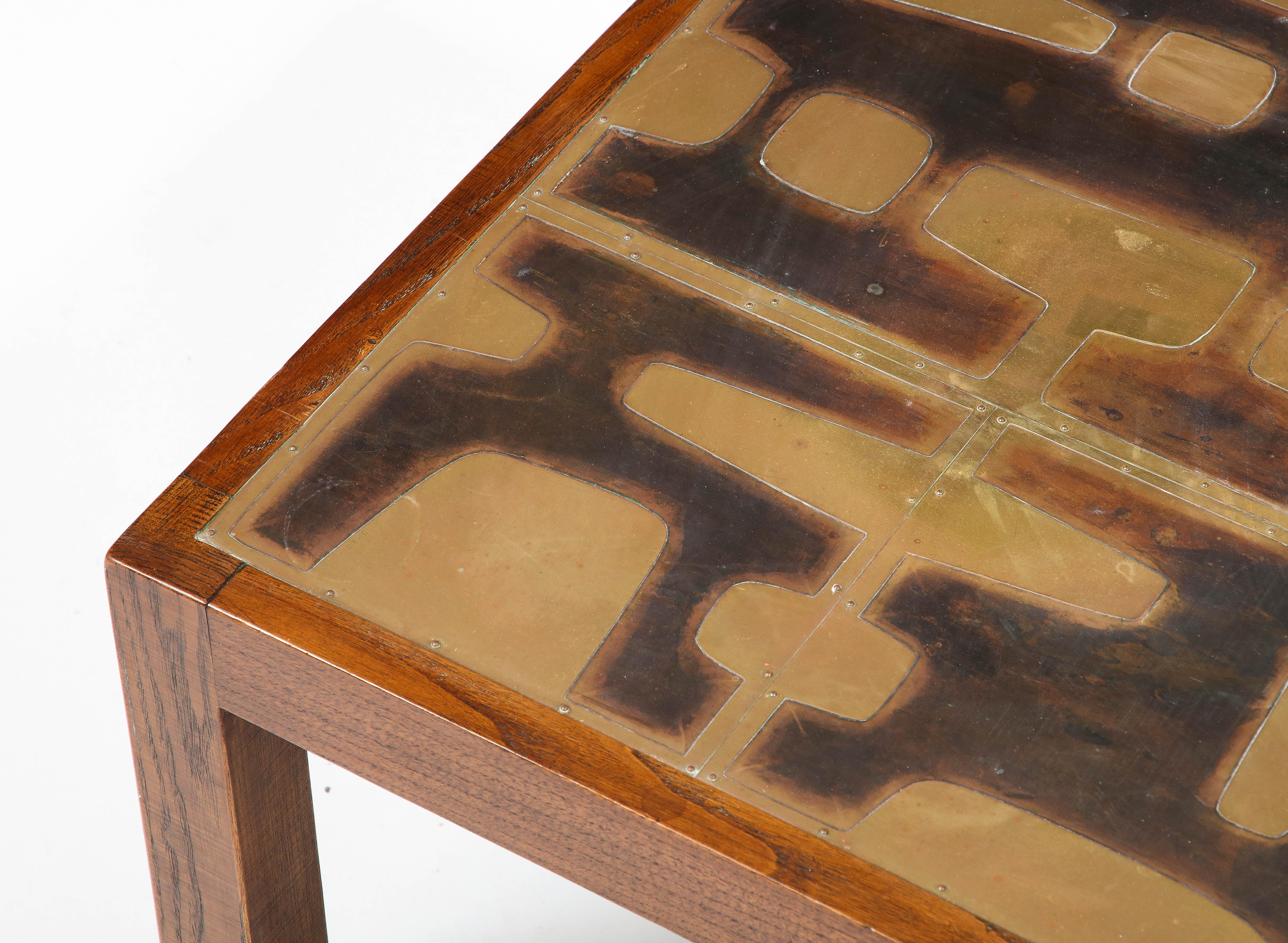 Solid Oak & Riveted Brutalist Etched Brass Panels Side Table - France 1970's 2
