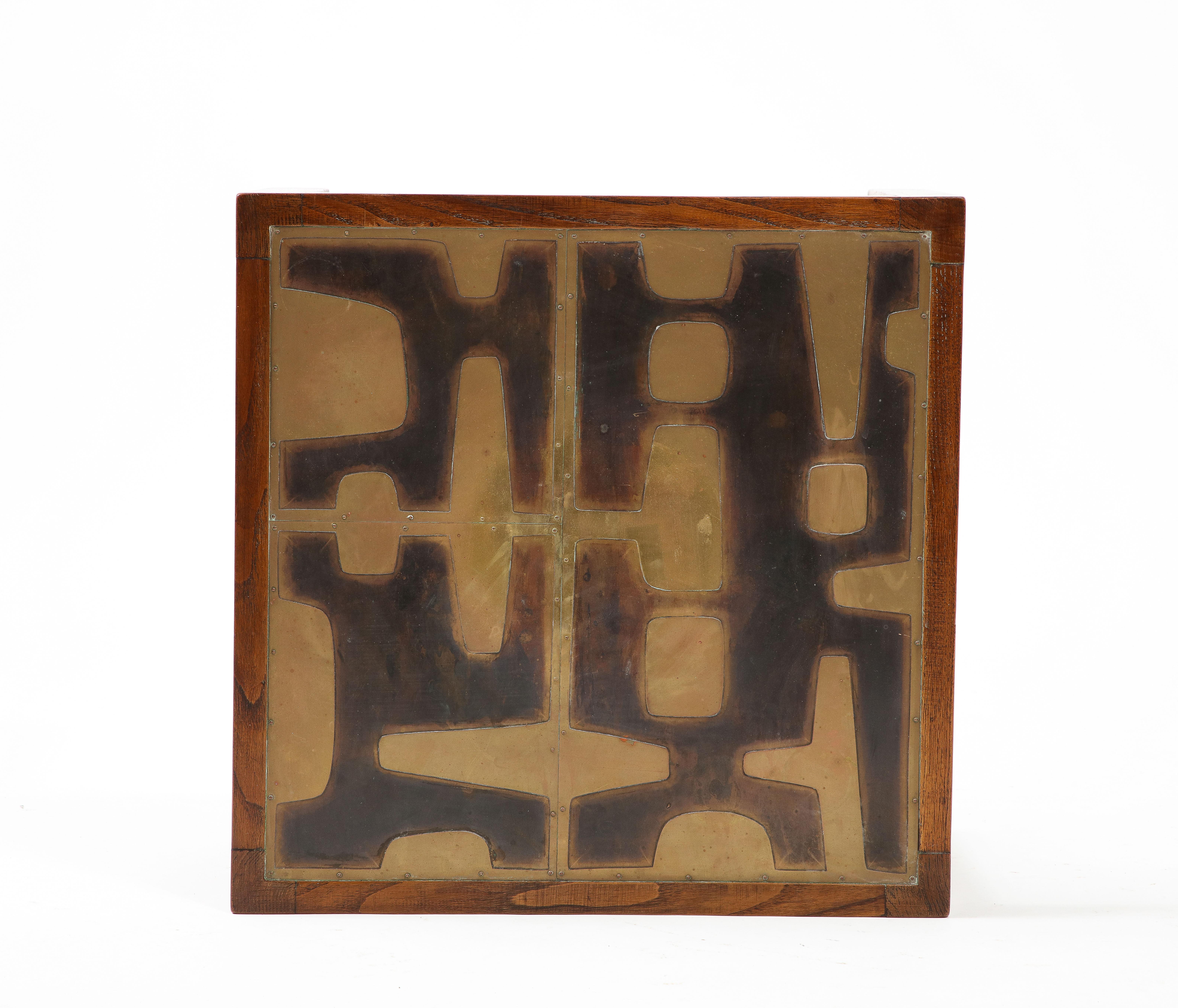 Solid Oak & Riveted Brutalist Etched Brass Panels Side Table - France 1970's 3