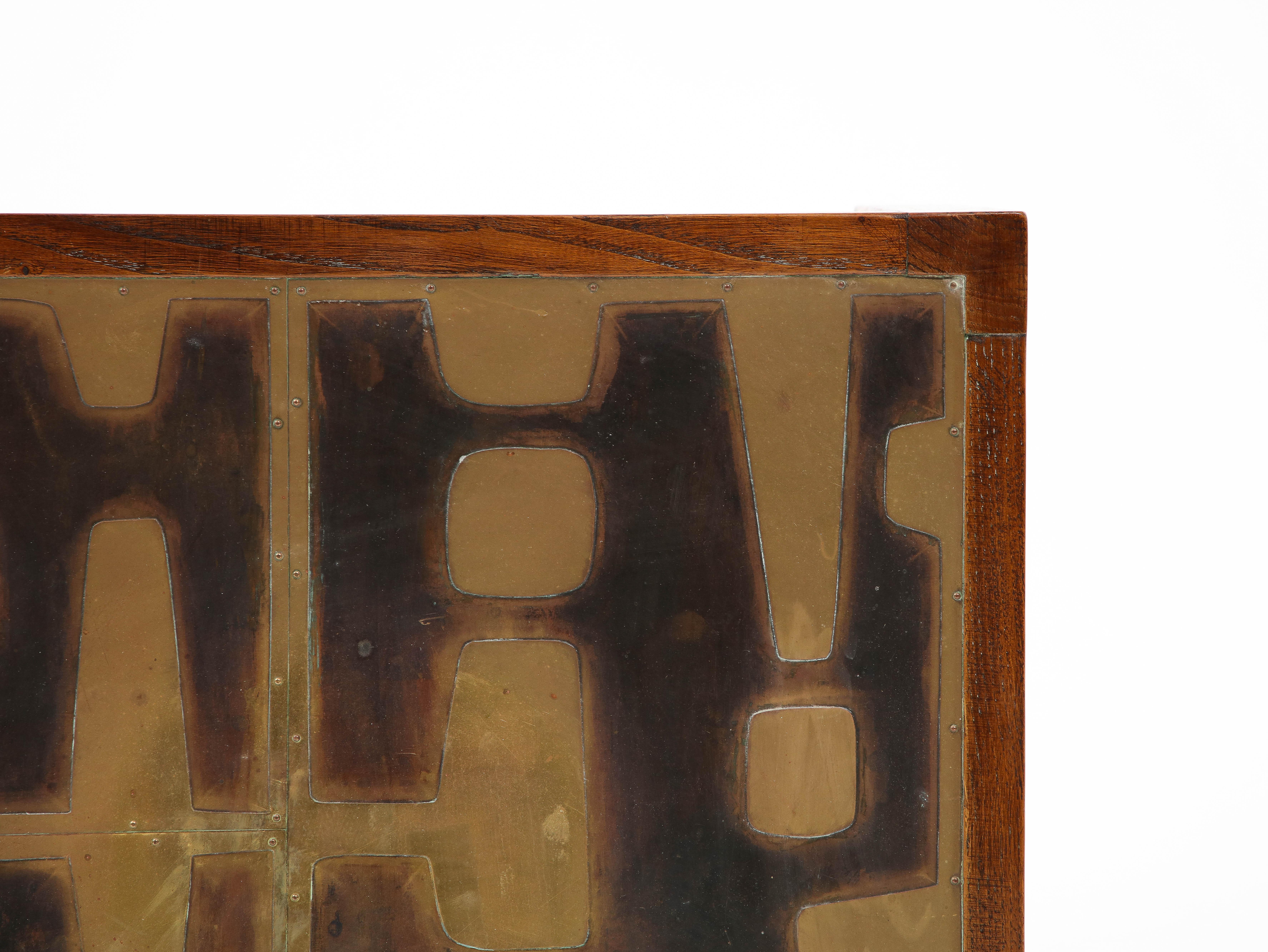 Solid Oak & Riveted Brutalist Etched Brass Panels Side Table - France 1970's 4