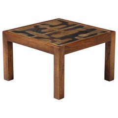 Solid Oak & Riveted Brutalist Etched Brass Panels Side Table - France 1970's
