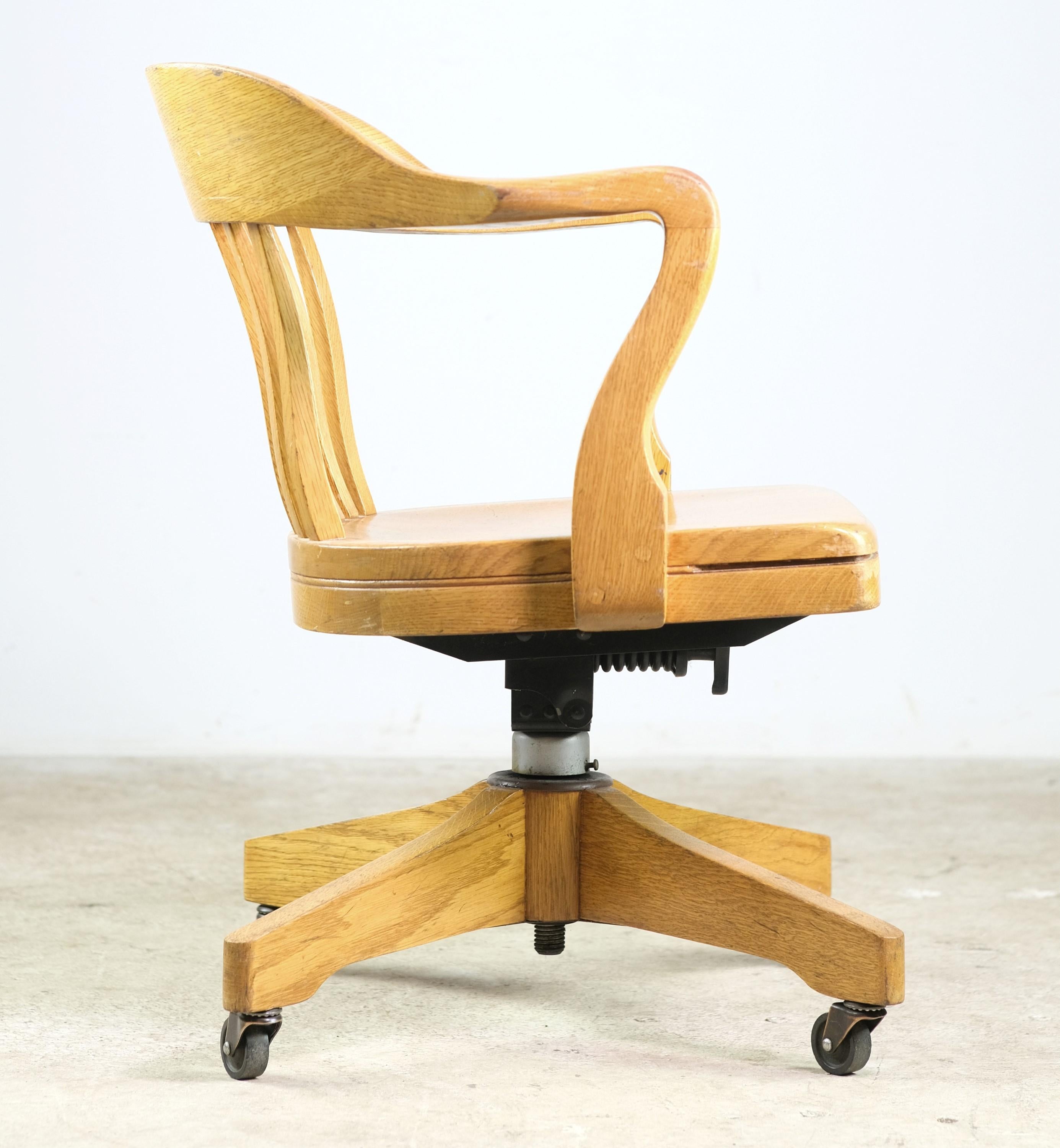 Solid Oak Rolling Bankers Chair Adjustable Seat Light Stain 1