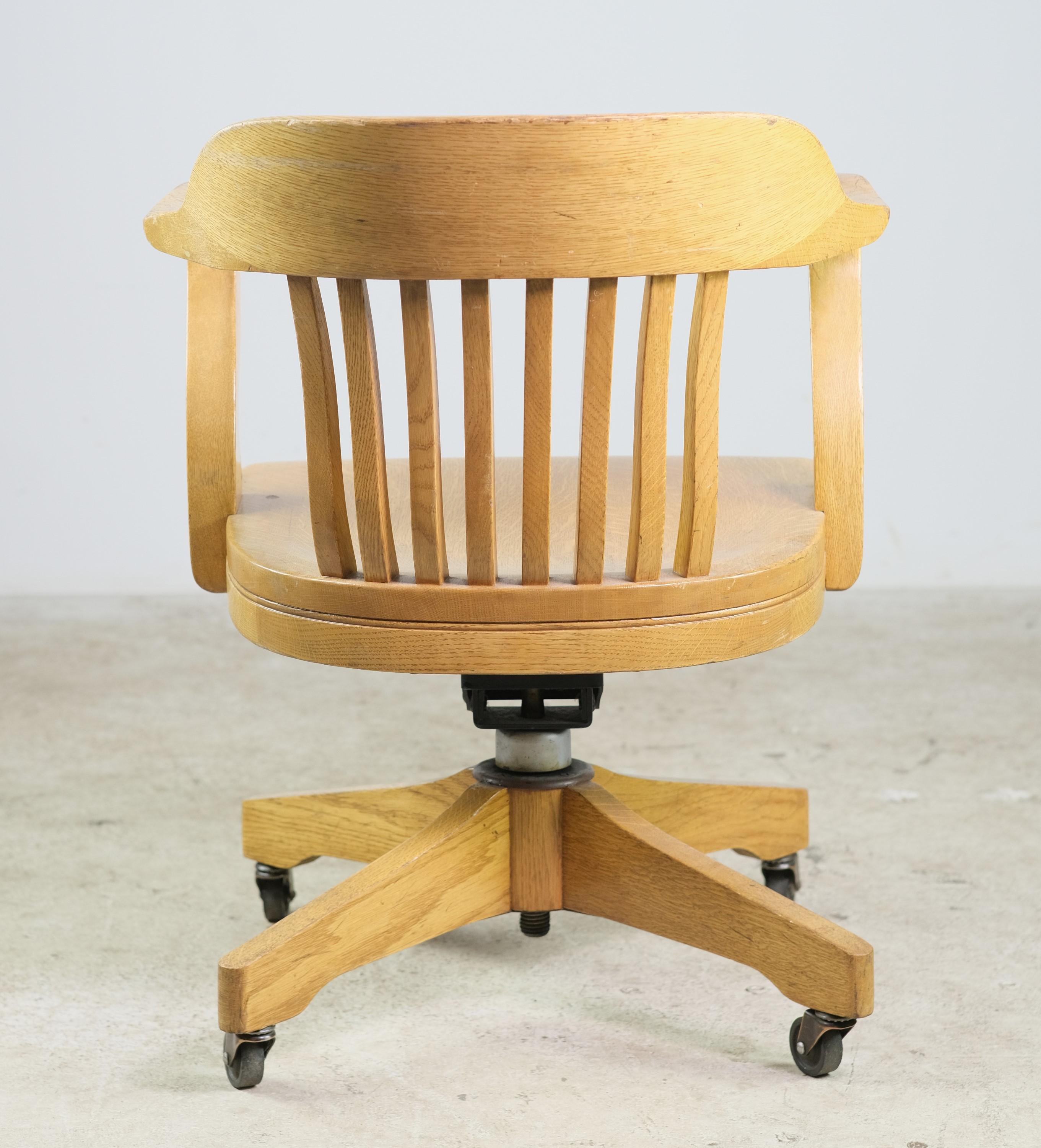 Solid Oak Rolling Bankers Chair Adjustable Seat Light Stain 2