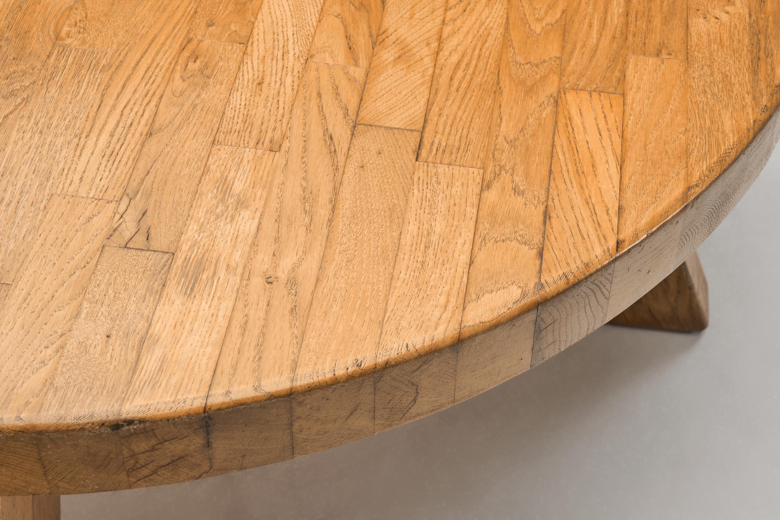 Solid Oak Round Brutalist Coffee Table, The Netherlands 1970s 5