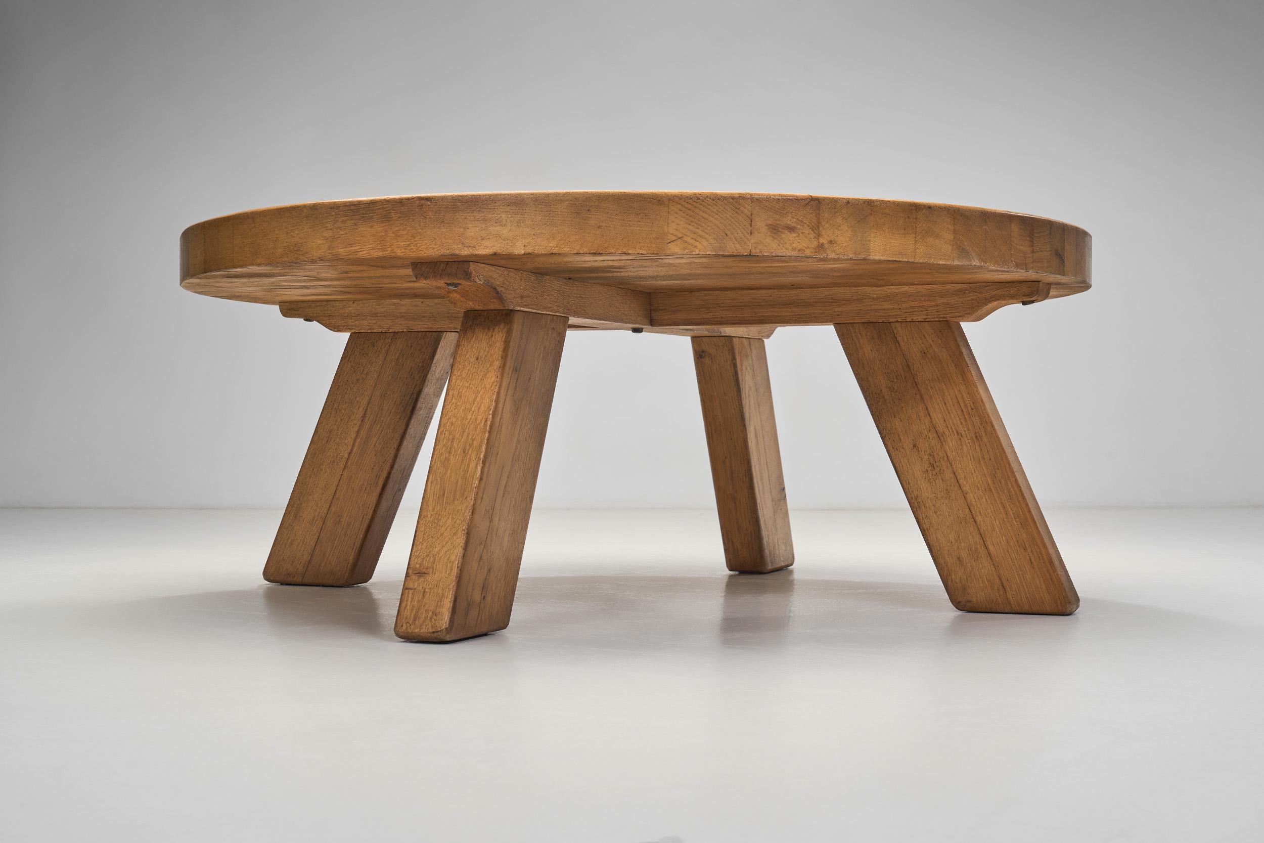 Solid Oak Round Brutalist Coffee Table, The Netherlands 1970s 6