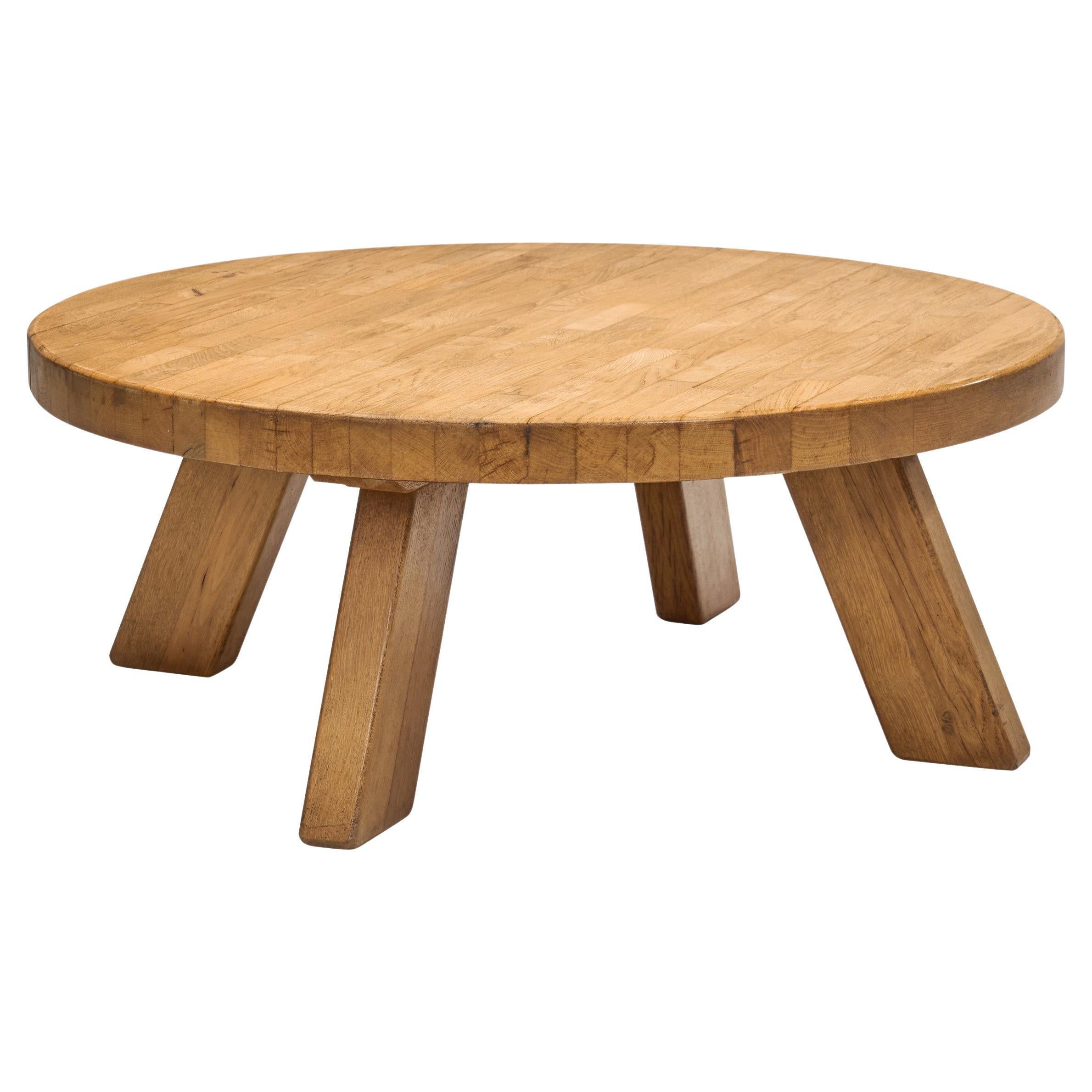 Solid Oak Round Brutalist Coffee Table, The Netherlands 1970s For Sale