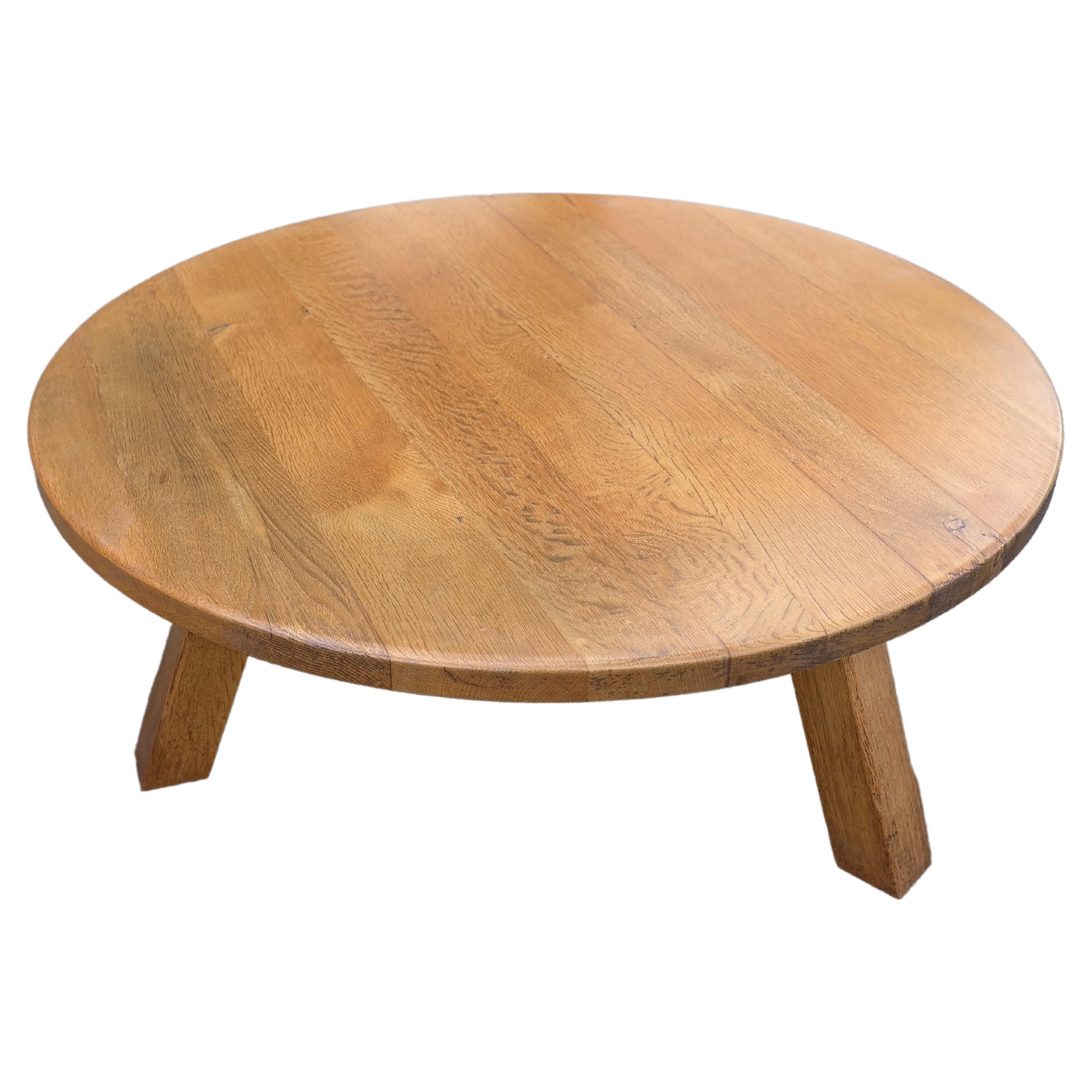 Solid oak round coffee table in style of Charlotte Perriand, France, 1960s.