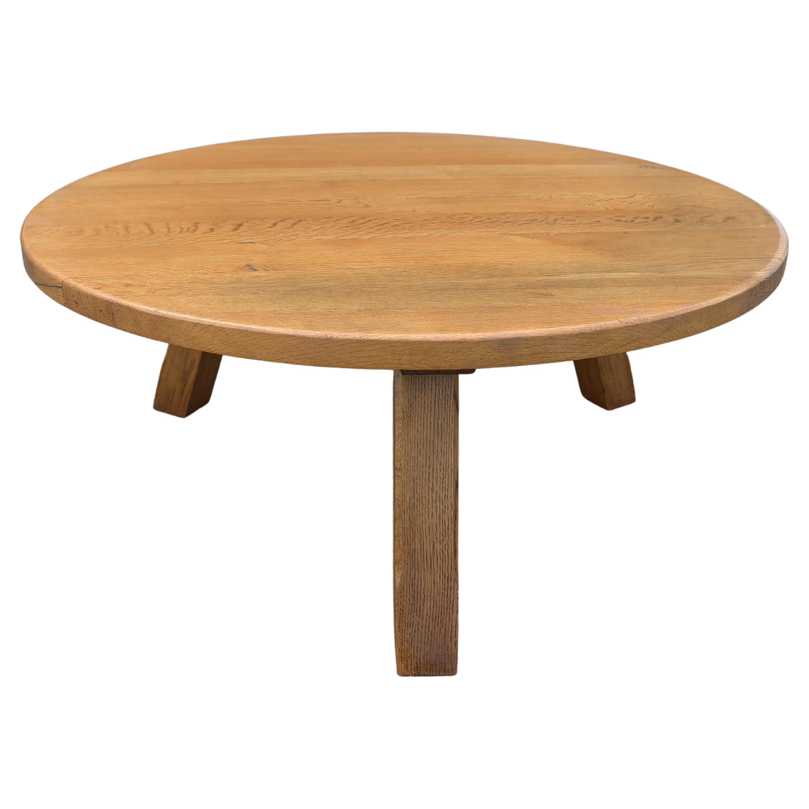French Solid Oak Round Coffee Table, France, 1960s For Sale