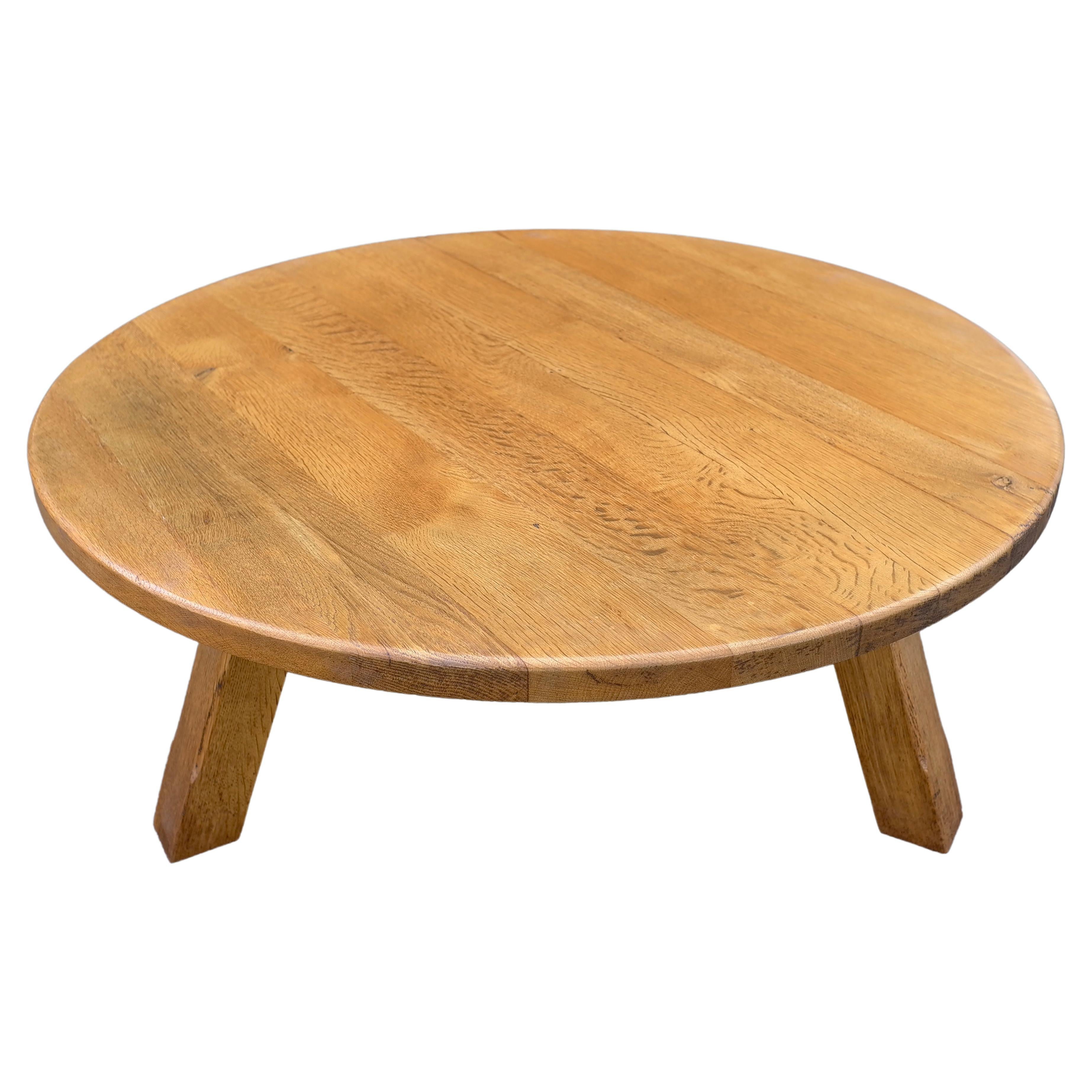 Solid Oak Round Coffee Table, France, 1960s