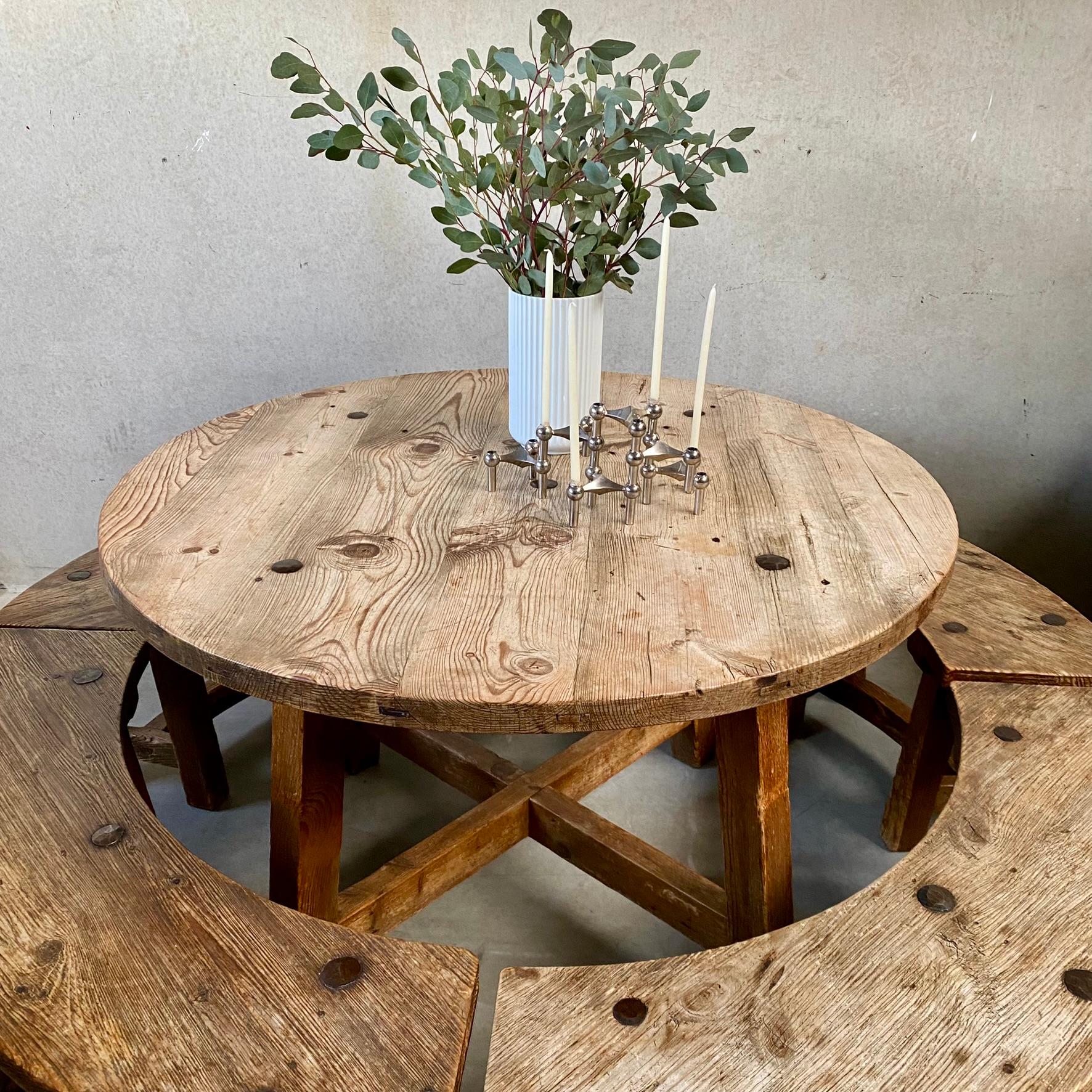 Solid Oak Round Rustic Brutalist Wabi Sabi Dining Table Set, France 1950 For Sale 7