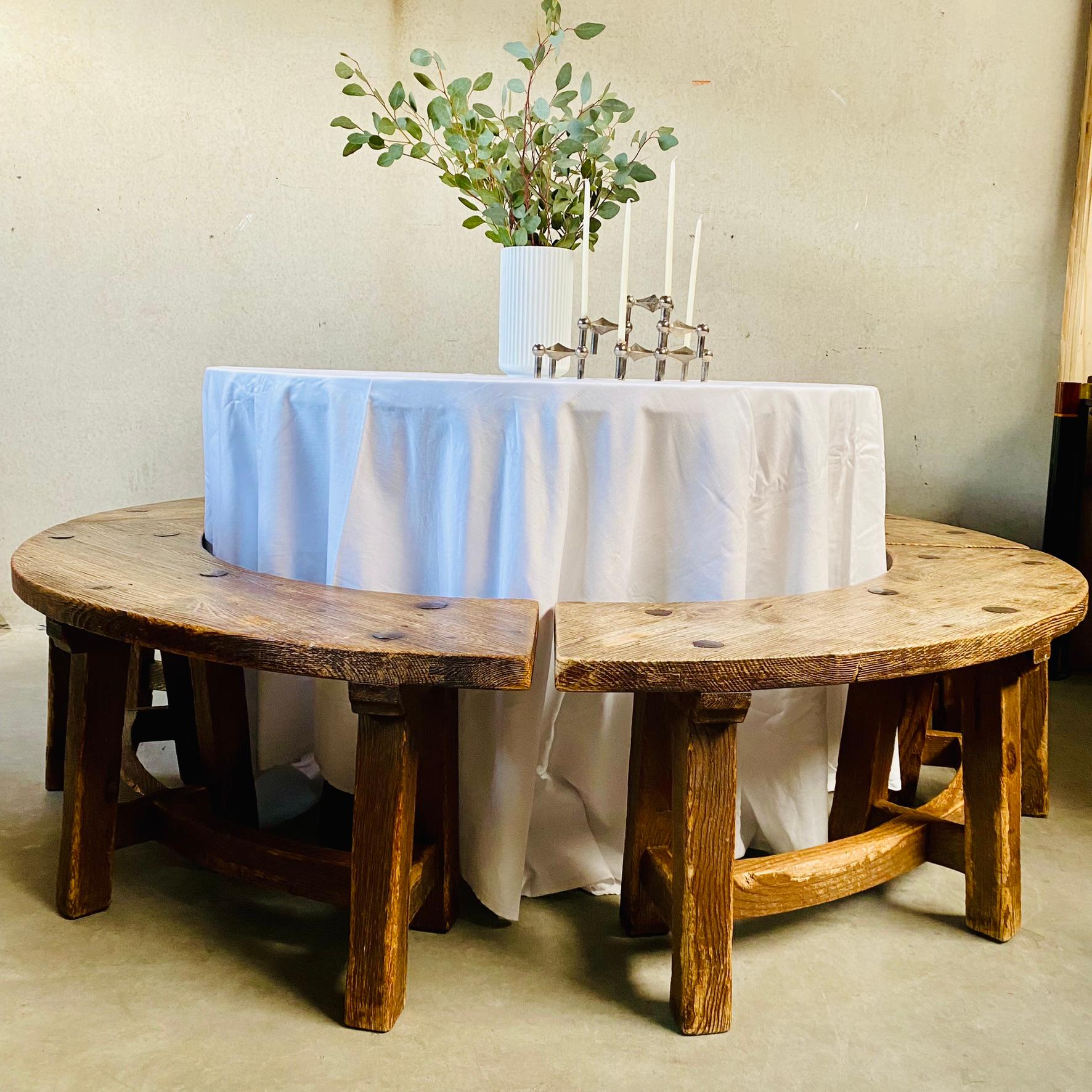 Solid Oak Round Rustic Brutalist Wabi Sabi Dining Table Set, France 1950 For Sale 11