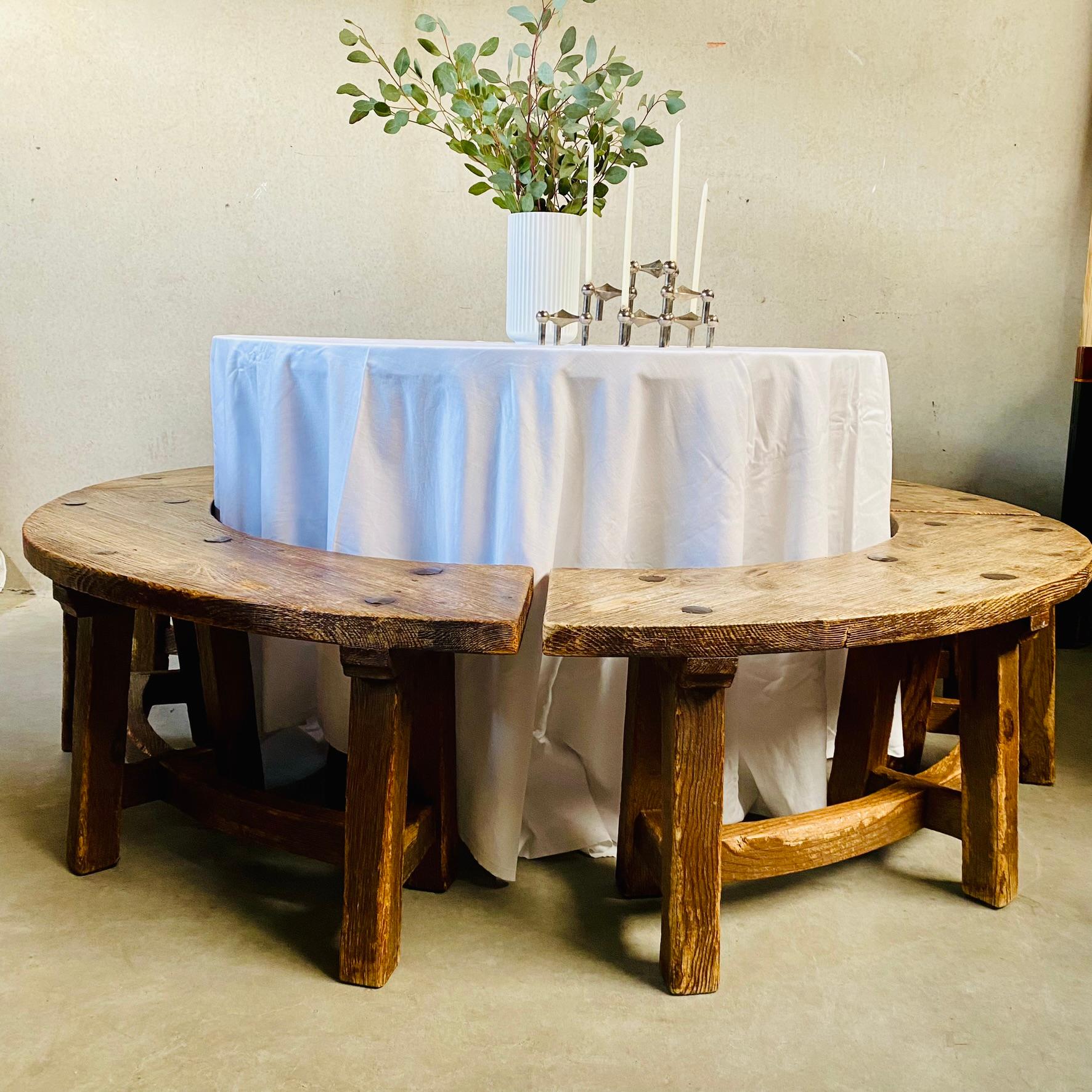 Hand-Carved Solid Oak Round Rustic Brutalist Wabi Sabi Dining Table Set, France 1950 For Sale