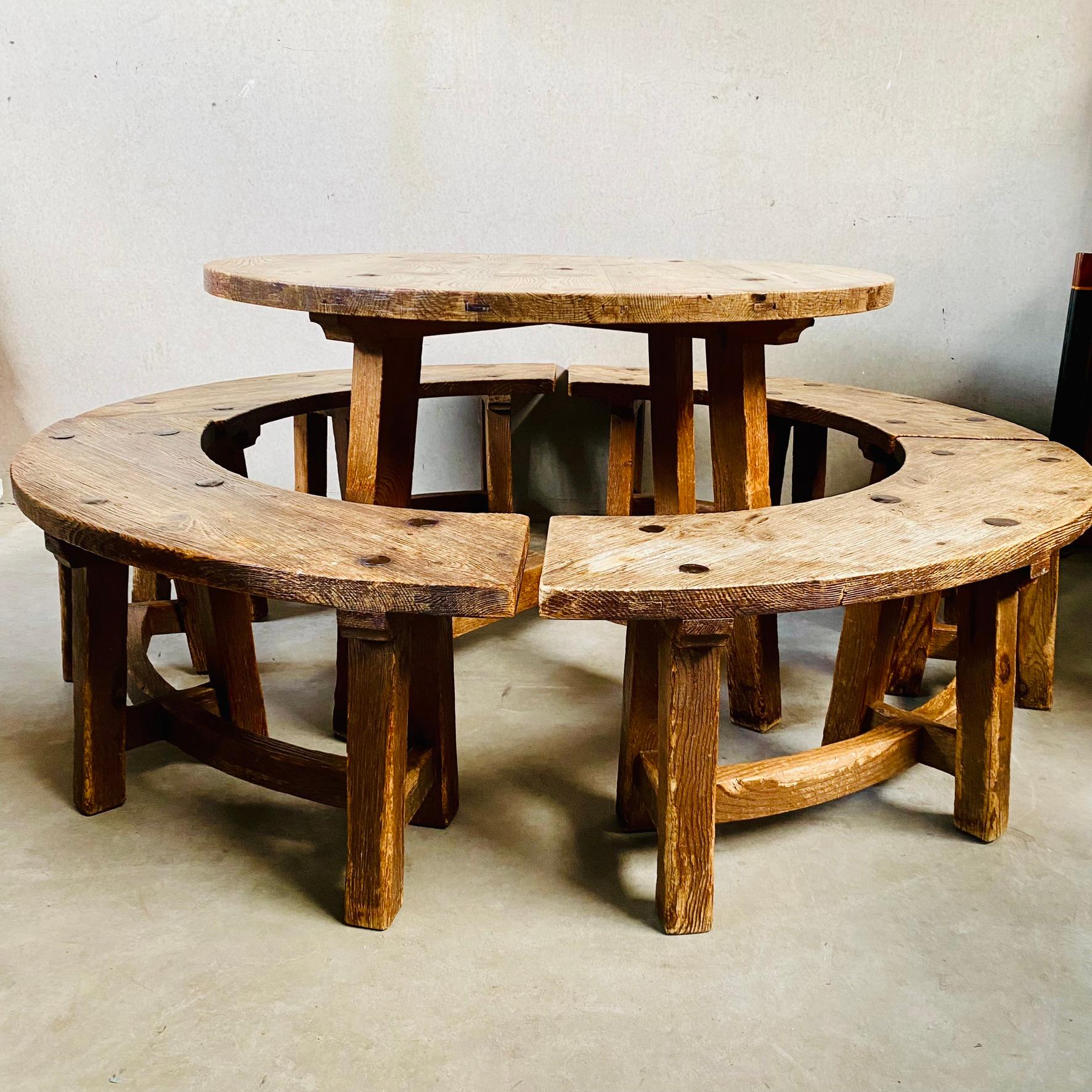 Solid Oak Round Rustic Brutalist Wabi Sabi Dining Table Set, France 1950 For Sale 1