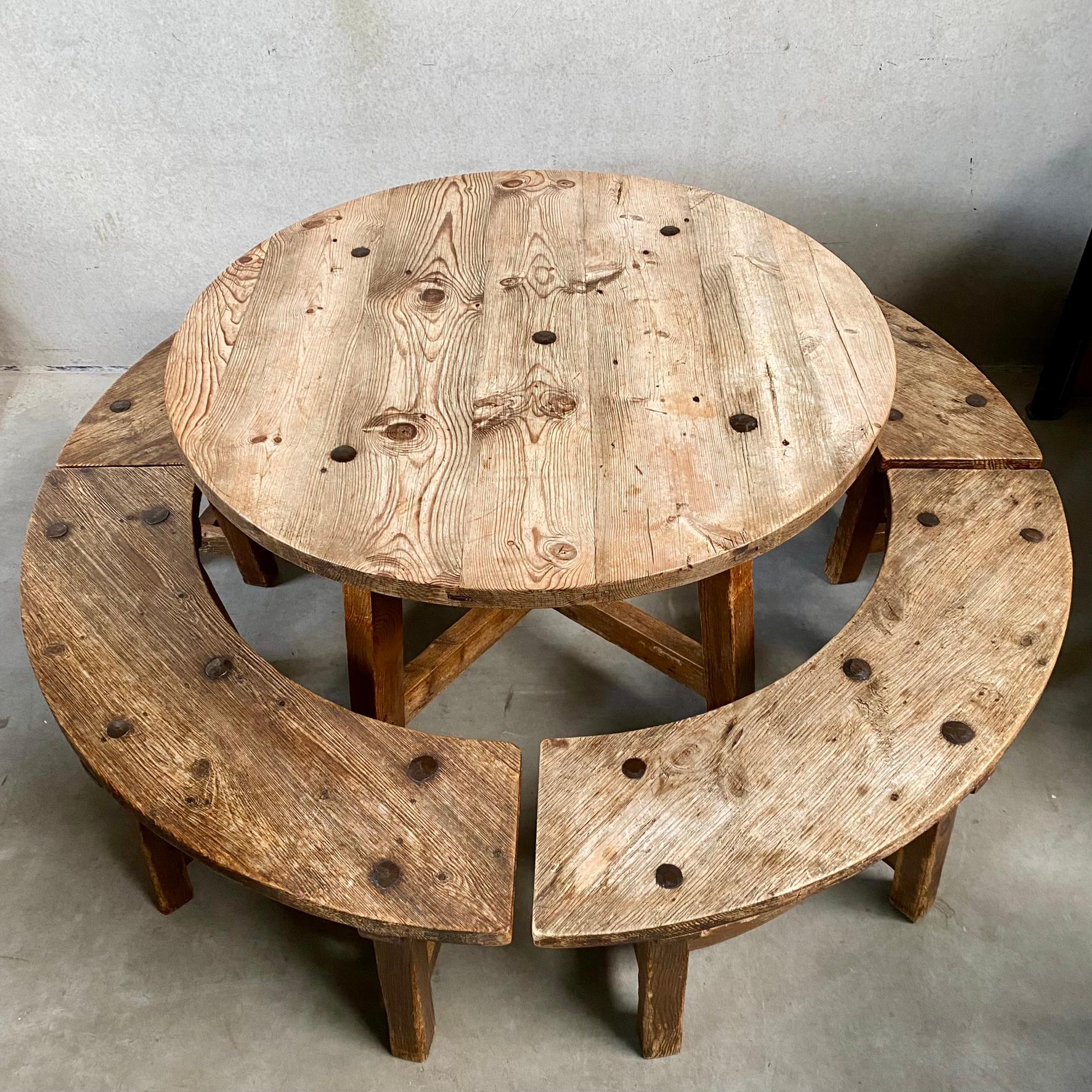 Solid Oak Round Rustic Brutalist Wabi Sabi Dining Table Set, France 1950 For Sale 2
