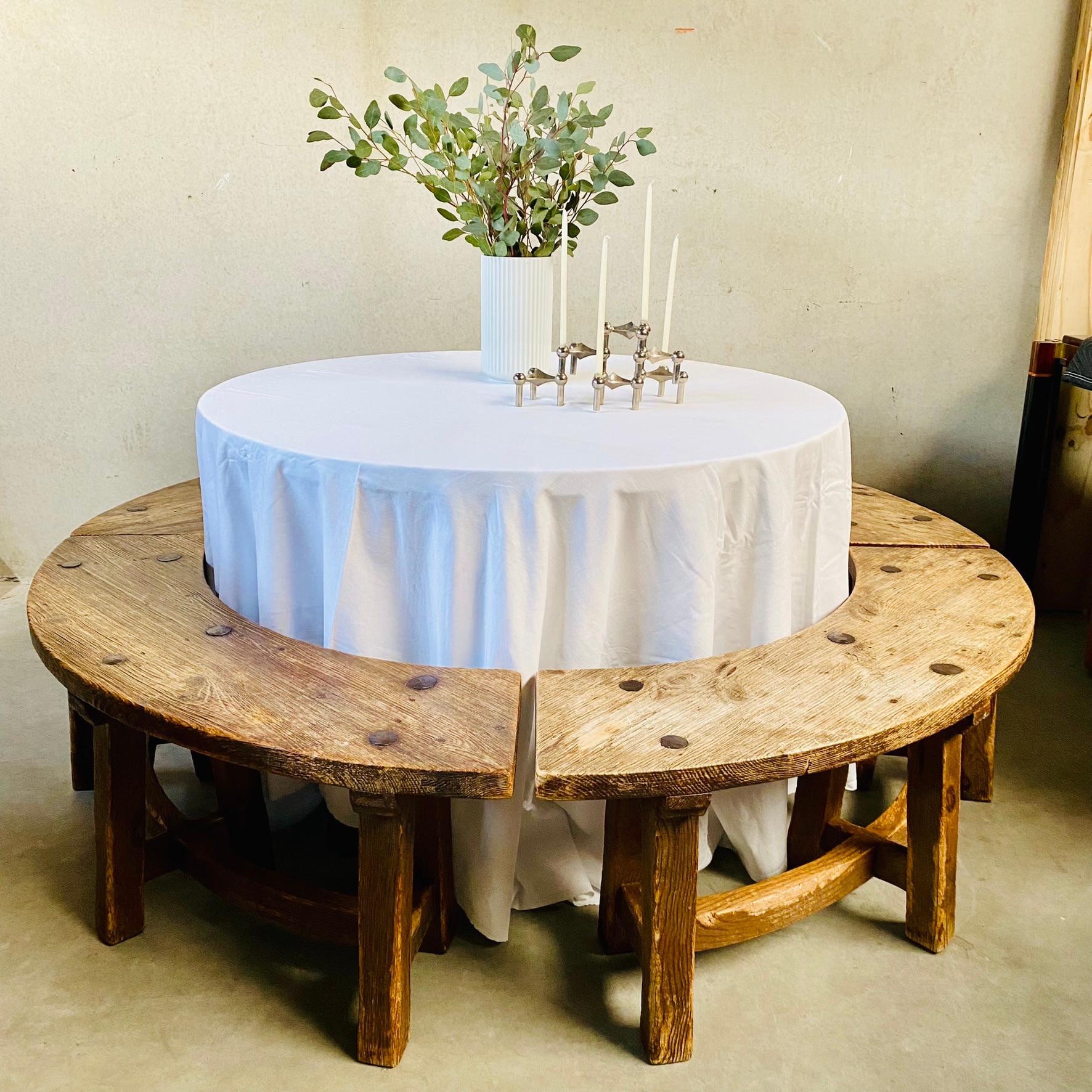 Solid Oak Round Rustic Brutalist Wabi Sabi Dining Table Set, France 1950 For Sale 3